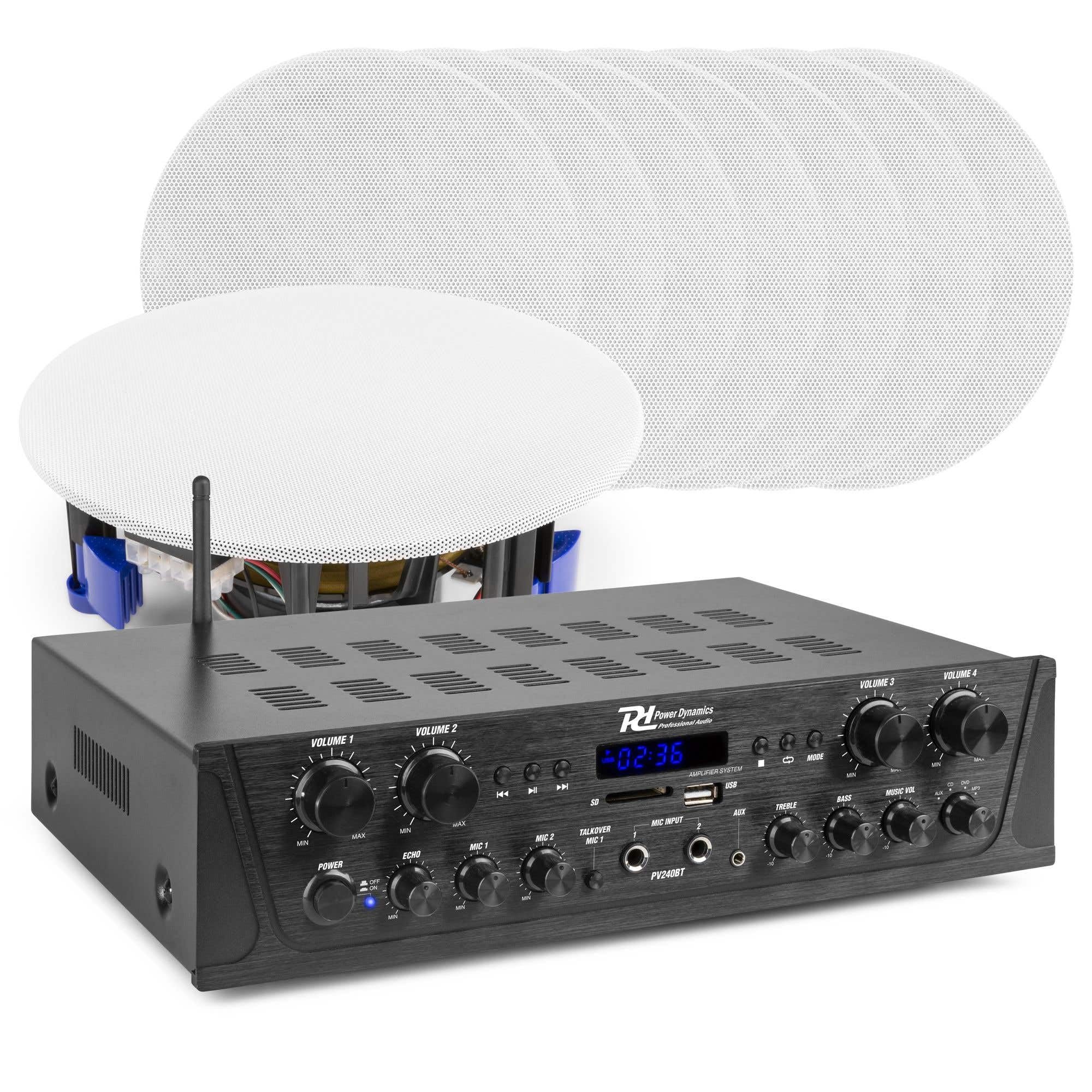 Power Dynamics PV240BT Système Audio Stéréo 4 Zones avec Bluetooth, Amplificateur 400W, 8 Haut-Parleurs Plafond 5,25", Radio FM, Lecteur MP3 USB/SD, Télécommande - Maison, Bureau, Restaurant
