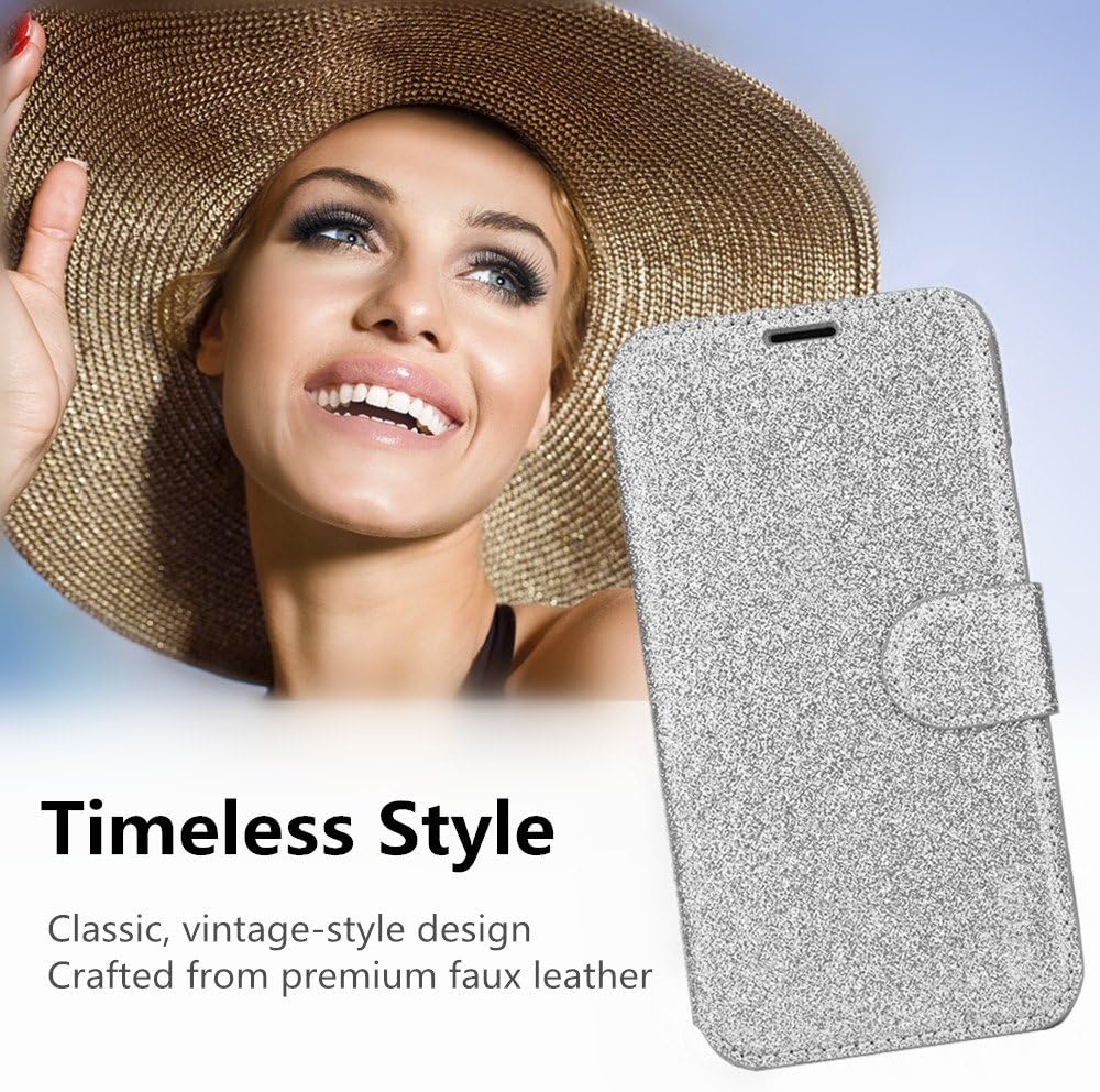 Filoto iPhone Xs Wallet Case, iPhone X Case, Premium PU Leather Glittery Bling Wallet Case with Card Holder/Magnetic Closure Flip Cover for Apple iPhone X/Xs iPhone 10 (Silver)