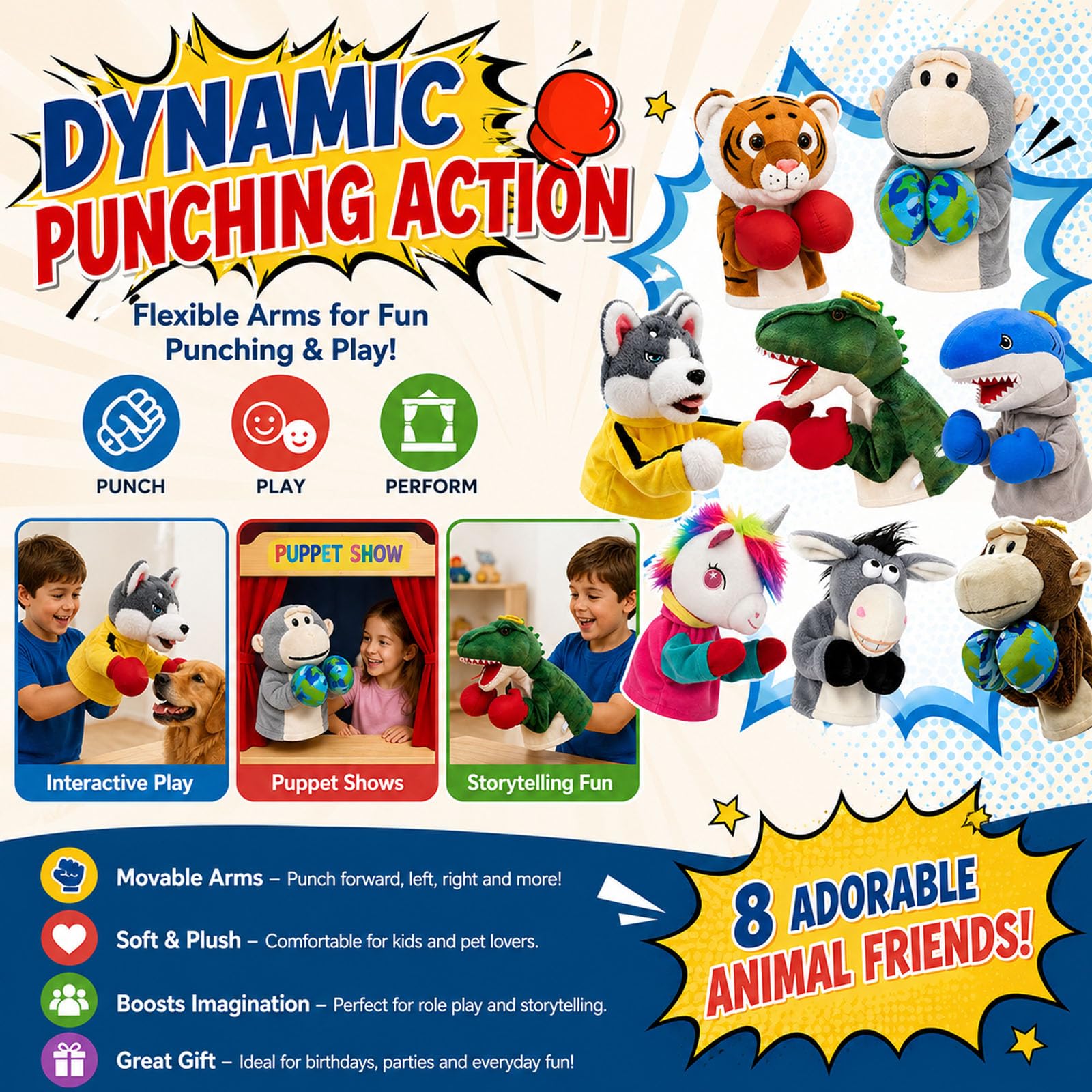 Punzonare la marionetta a mano con animale con suono (8pcs) | Giocattolo interattivo di dinosauro squalo Husky da boxe, burattino da Kung Fu per cani e gatti di piccola taglia