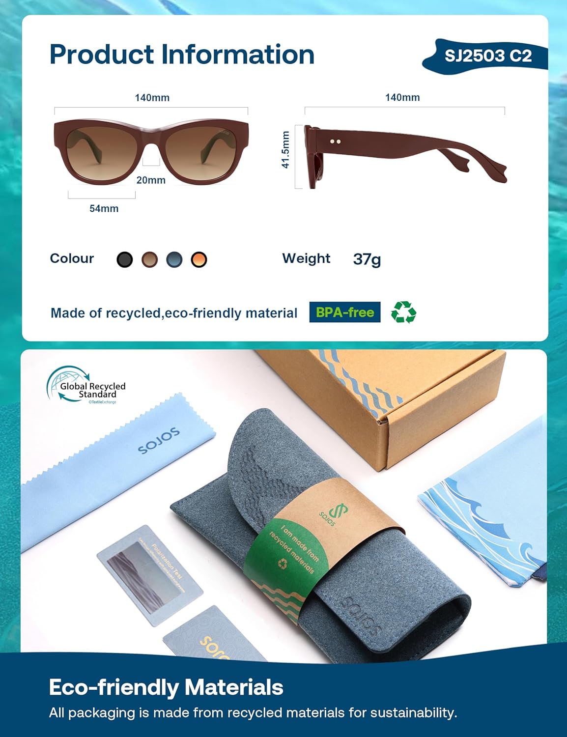 SOJOS Ocean Collection Classic Polarized Square Sunglasses for Women Men Recycled Plastic Frame Eco-Friendly UV400, Bloom - Image 4