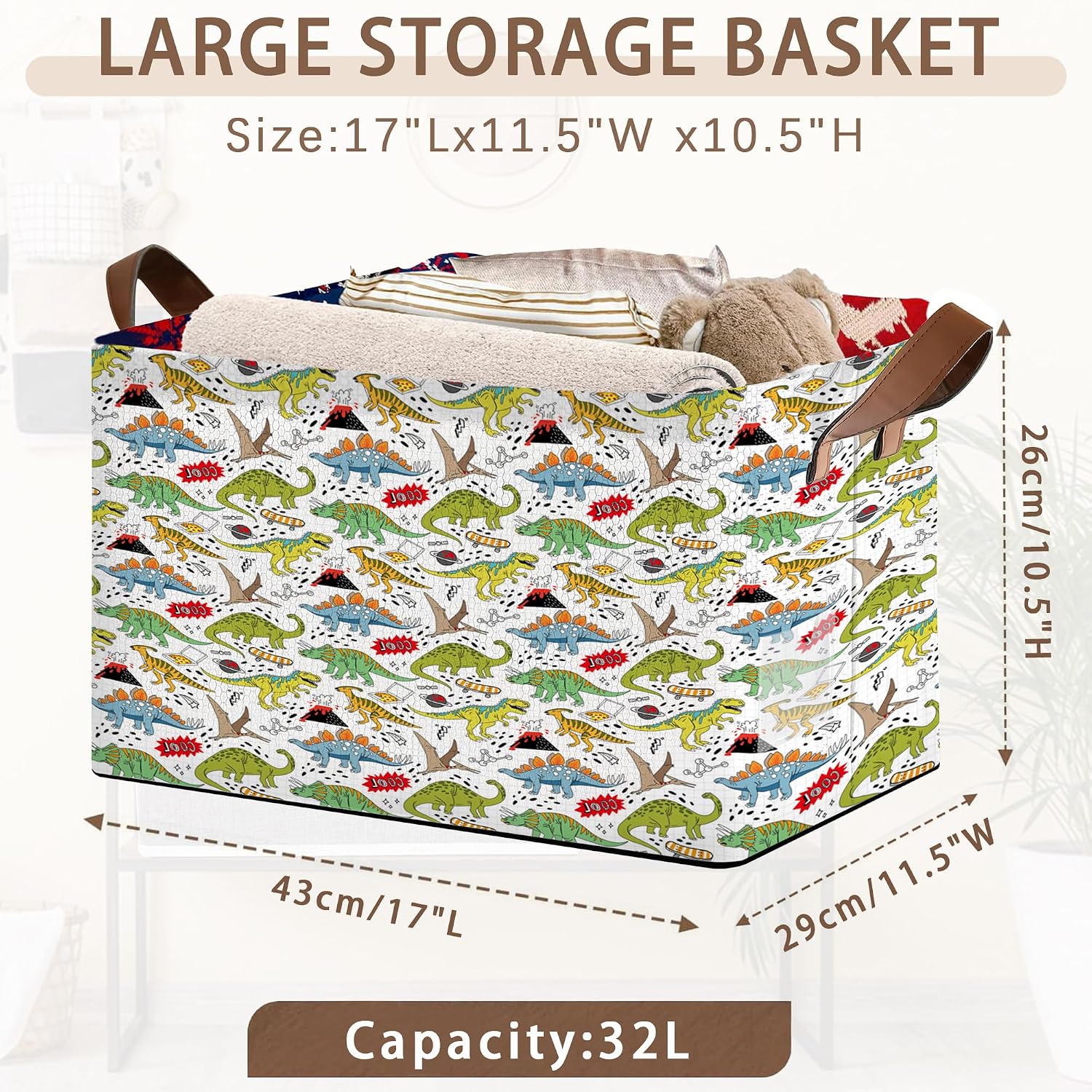 Dinosaur Pattern Collapsible Storage Box - 17x11.5x10.5 Inch Foldable Organizer for Nursery, Playroom Decor,Toy Storage - No Lid Single Pack Organizer Bin