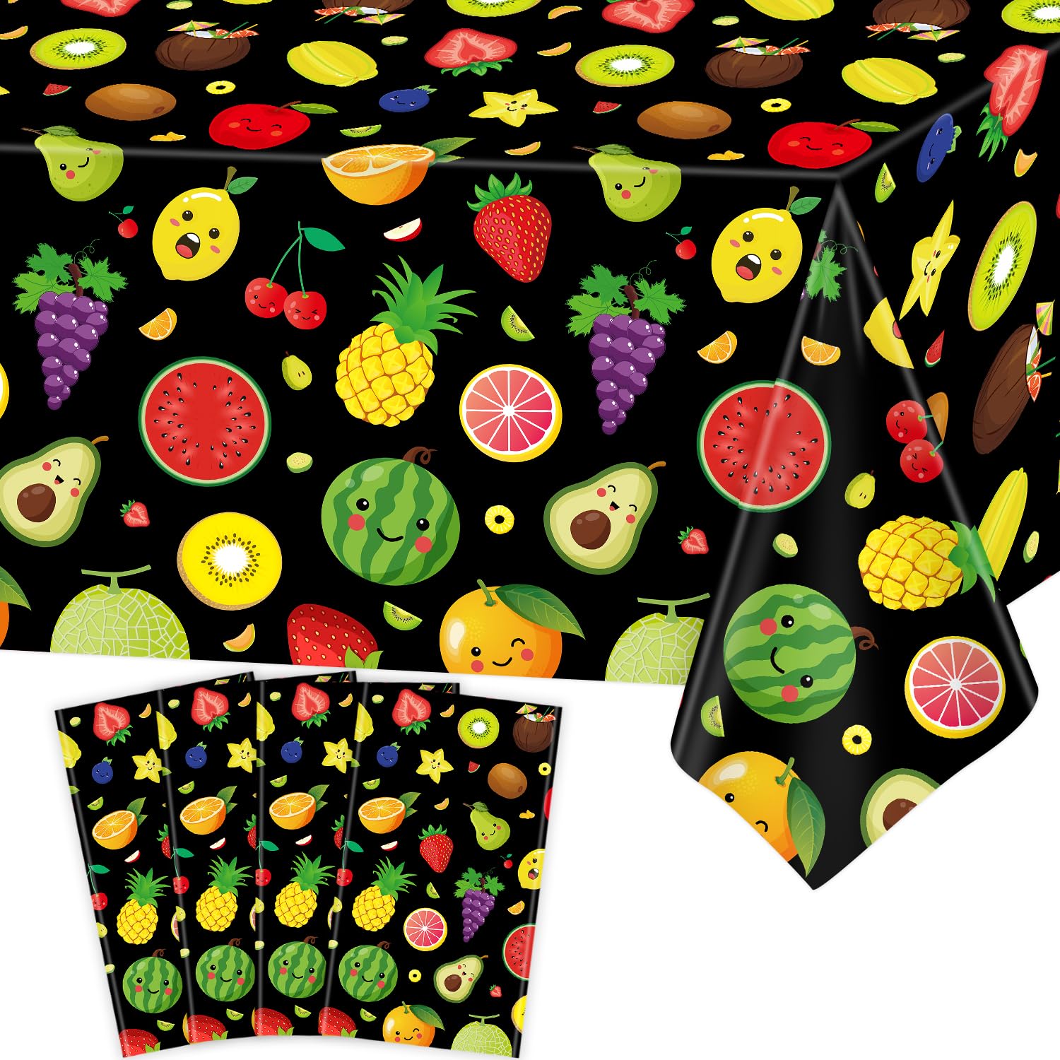 4 Pack Fruit Tablecloth Tutti Fruit Party Decorations Summer Theme Birthday Table Covers Lemon Watermelon Strawberry Disposable Table Cloth for Hawaiian Baby Shower Dancing Luau Party Supplies 51X86IN