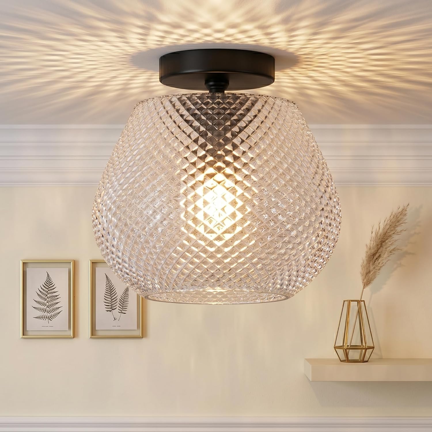 Maxax 10" Ceiling Light, Black Semi Flush Mount Light Fixture with Translucent Ribbed Glass, Modern Mini Ceiling Lamp for Bathroom, Entryway, Kitchen, Bedroom, E26 Base (Bulb Not Included)