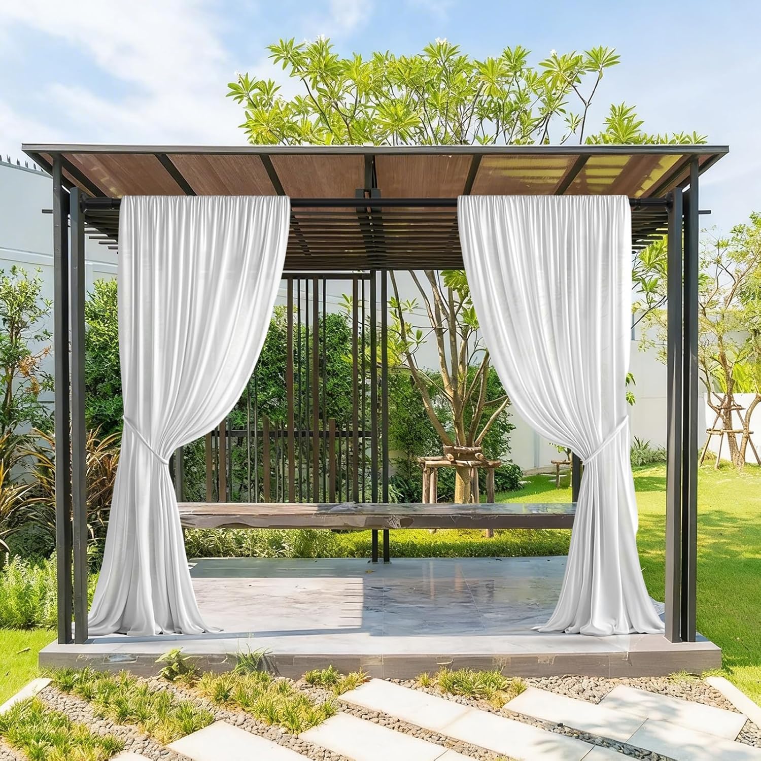 ZOCONE Tension Curtain Rod 51-148 In (4.25-12Ft), Long Outdoor Curtain Rod No Drilling for Patio Window, Adjustable Shower Curtain Rod for Bathroom, Never Rust, Tool-Free, Rod Diameter 1.26 In, Black Black 51-148 Inches