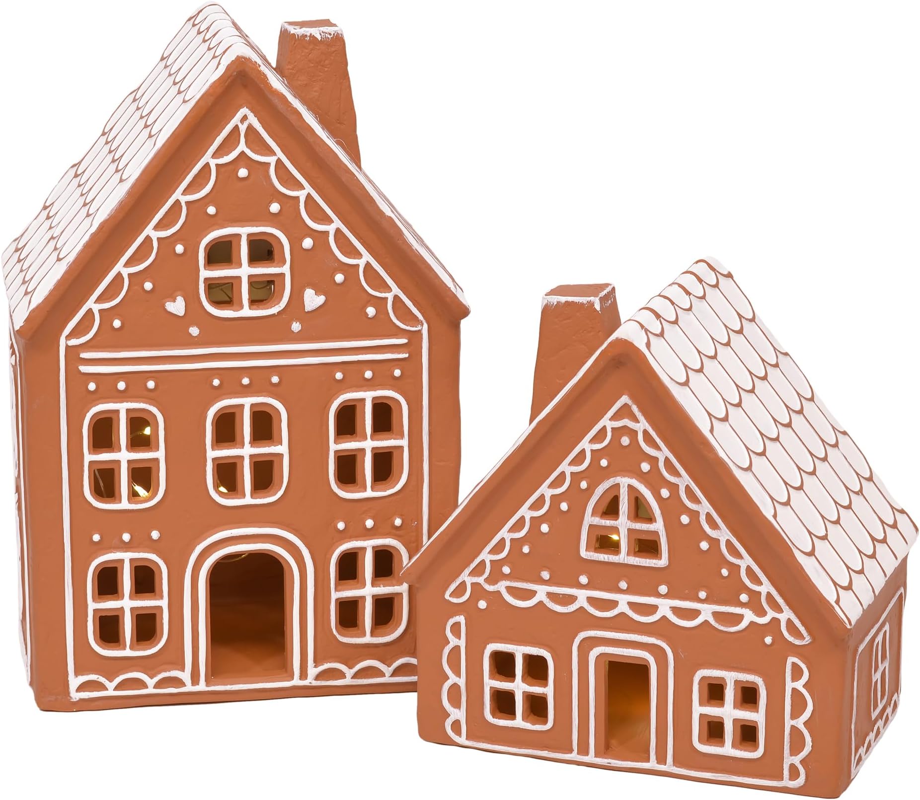 Mark Feldstein & Associates Ceramic Iced Gingerbread Houses Holiday Pre Lit LED Village Figurines, Set of 2, 9 Inch