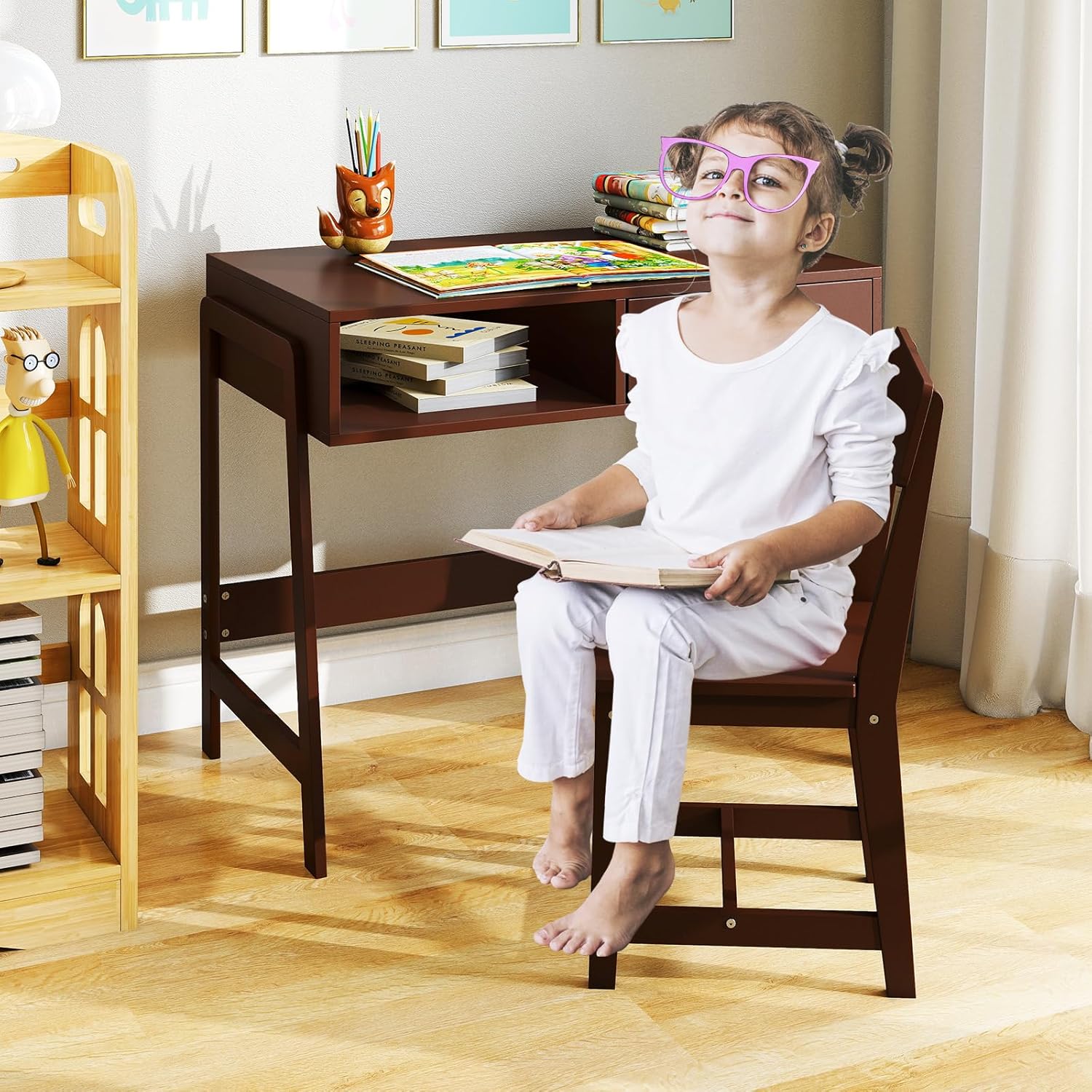 Costzon Kids Desk and Chair Set, Wooden Children Table with Drawer, Student Writing Table Computer Workstation for 3-8 Years Old, Kids Study Desk for Bedroom, School (Brown)