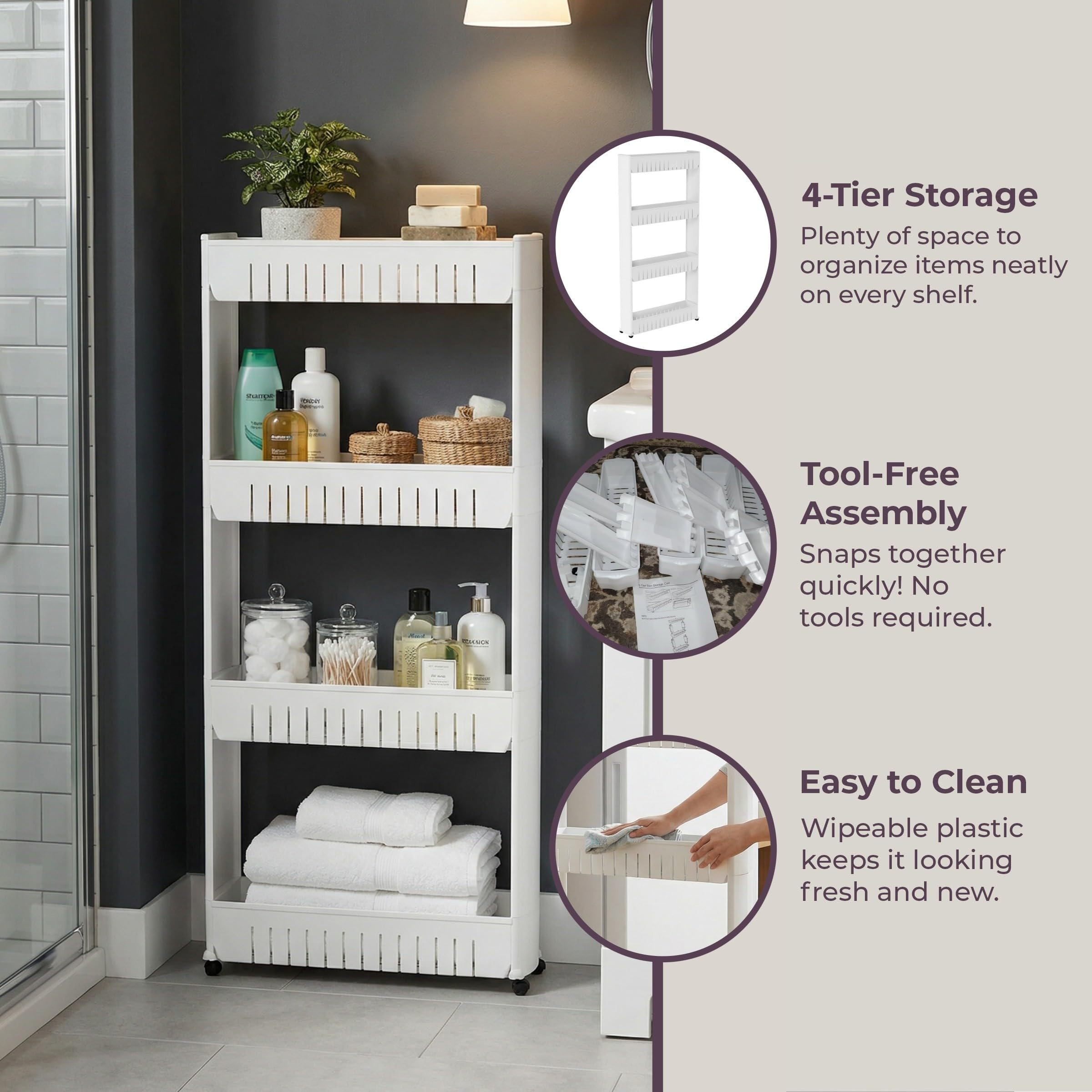 Everyday Home - Organizador de Almacenamiento de 4 Niveles, Estanterias Almacenaje, Carrito de Plástico con Ruedas para Oficina, Dormitorio, Baño y Lavandería (Blanco)