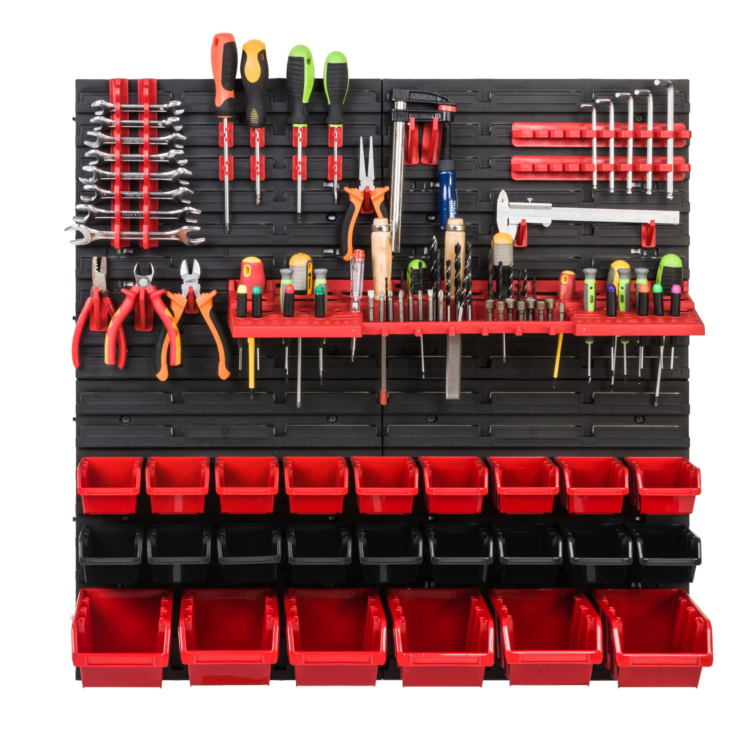 Scaffale da officina, 78 x 78 cm, 24 pezzi, con supporti per attrezzi e scatole impilabili, pannelli da parete, scaffali extra resistenti, per riporre oggetti e garage, scaffali
