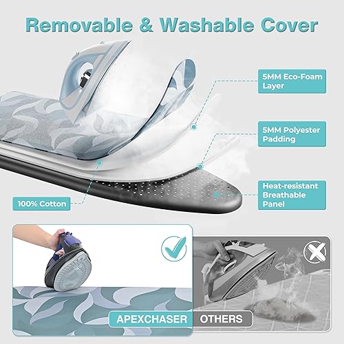 Miniatura 4 de APEXCHASER Tabla de planchar de tamaño completo con cubierta resistente al calor, tabla de hierro plegable, altura de 7 palancas, patas de metal