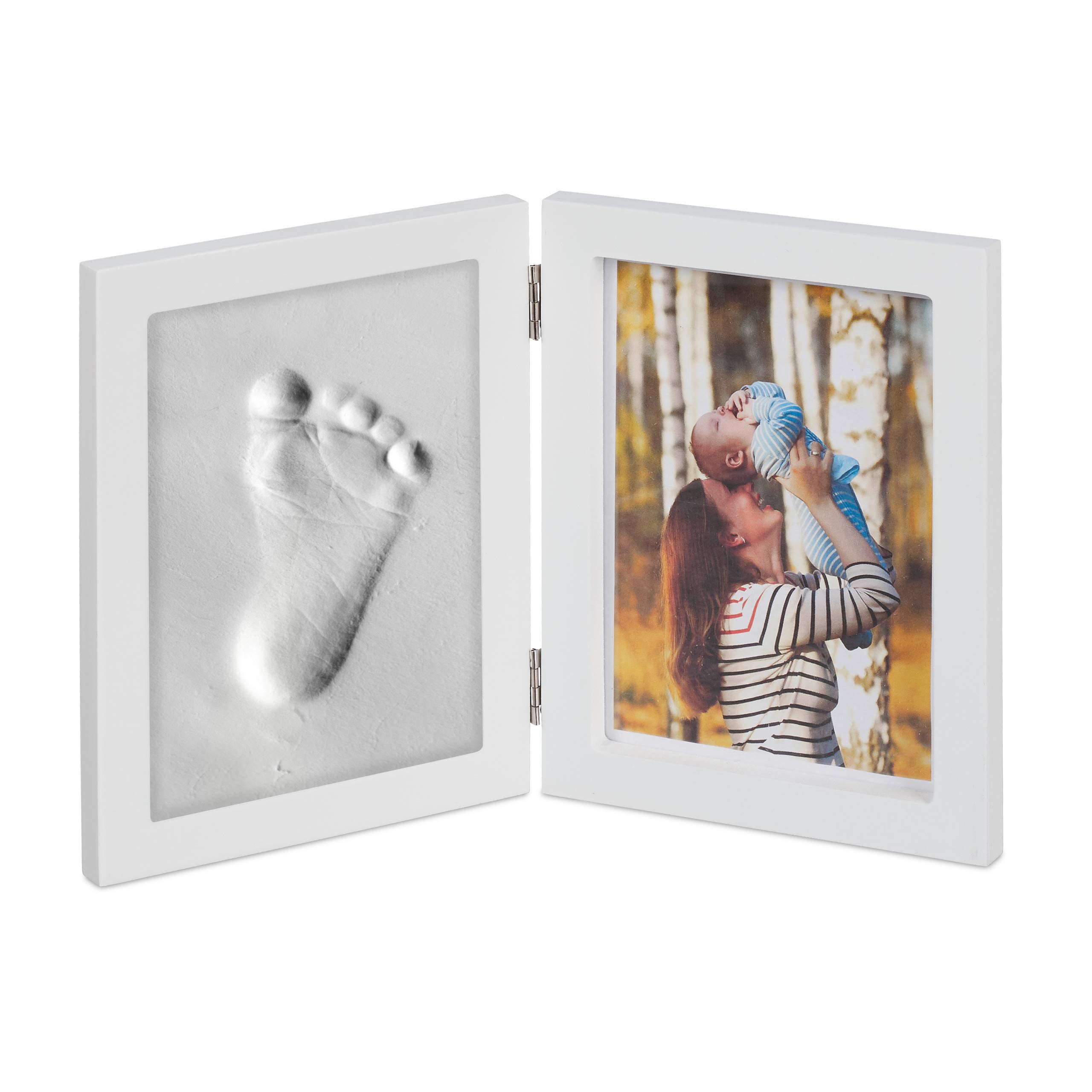 Relaxdays 4x Cornice Portafoto per Bambini con Calco in Gesso, Set per l’Impronta della Mano o Piedino, Fai-da-Te, Bianco