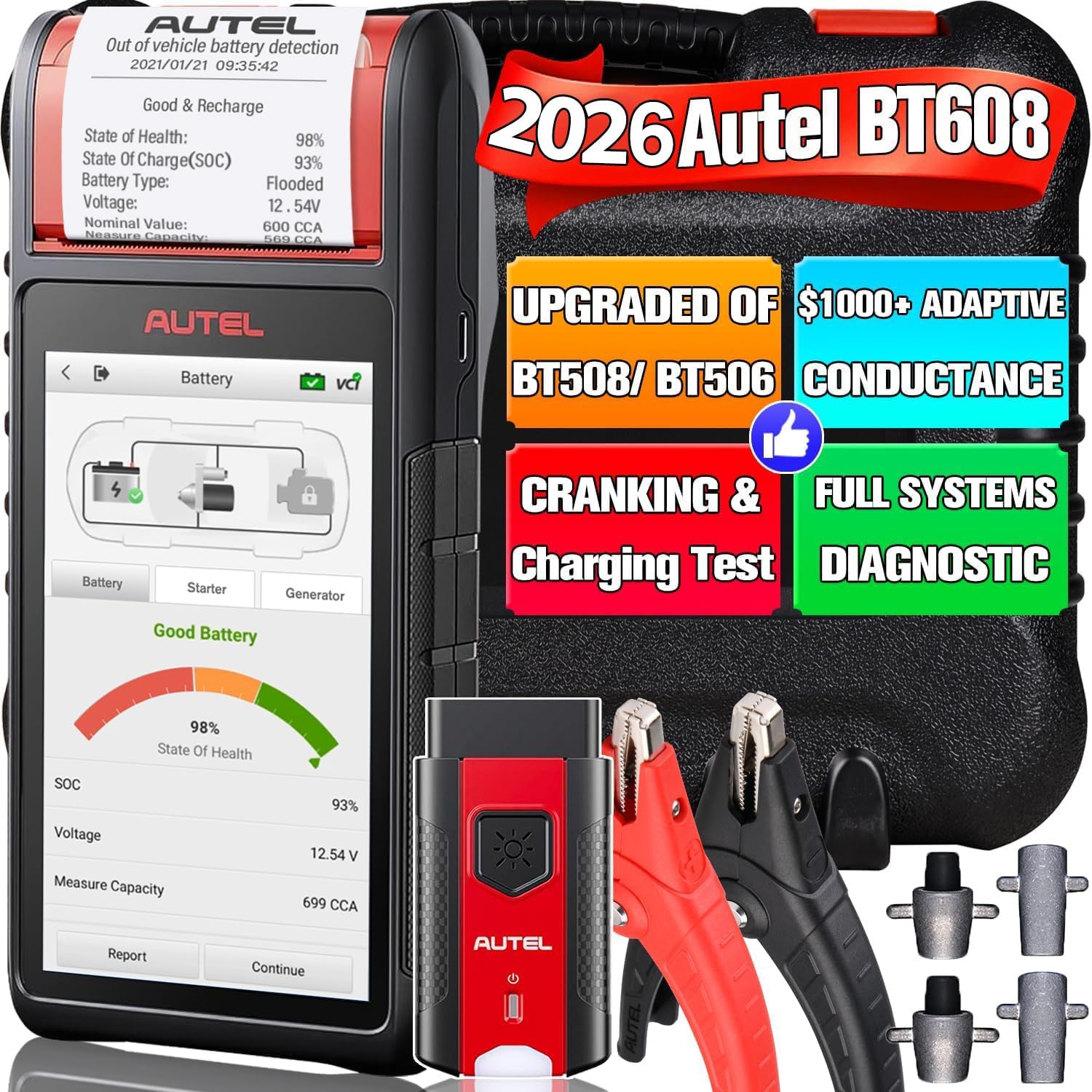 Autel MaxiBAS BT608 (E) Car Battery Tester, 2026 Up of BT508/ BT506, Adaptive Conductance (Worth 1000+), Cranking Charging Test as BT609, Battery Reset, MK808S/ MX808S Full Systems, Built-in Printer