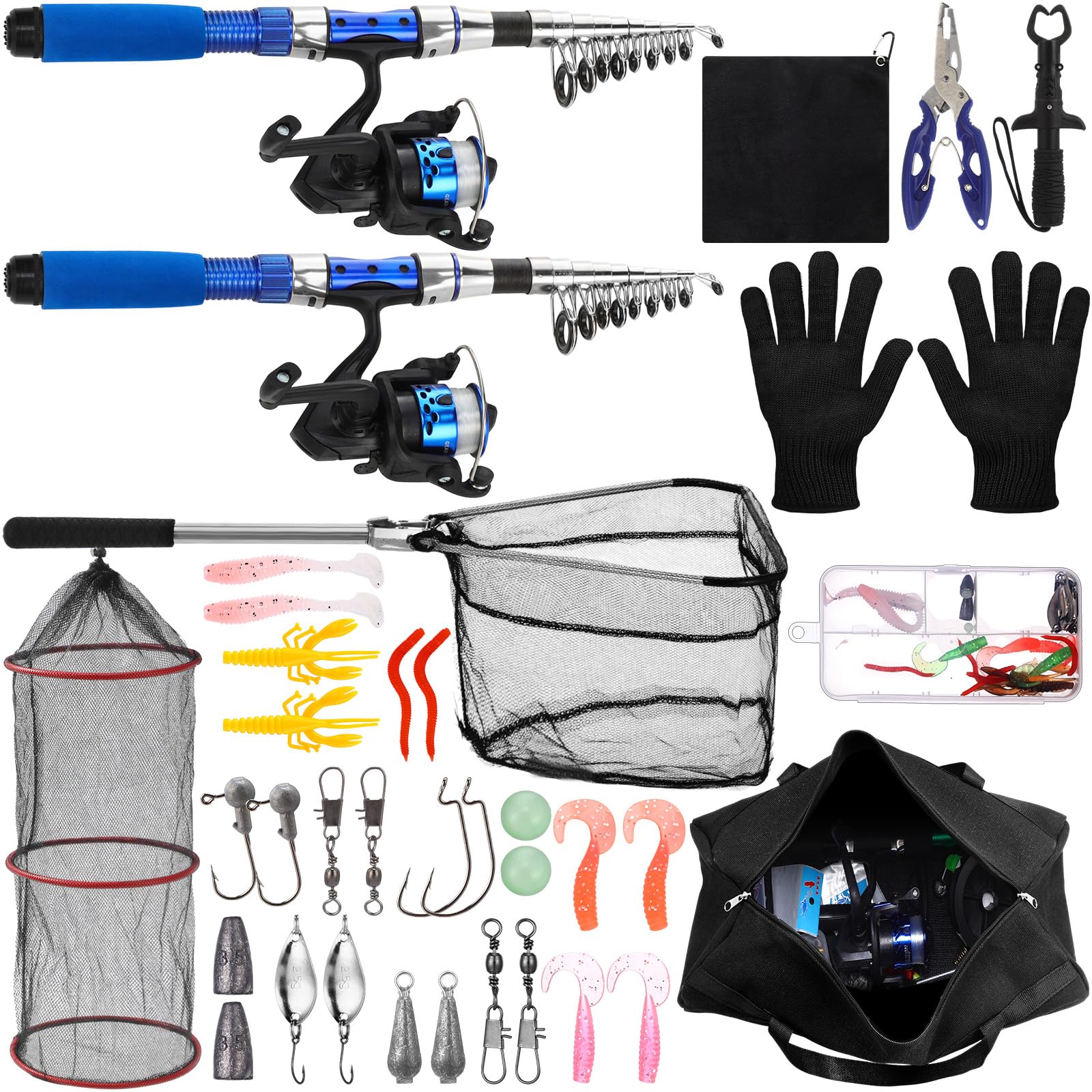 Photo 1 of ***Damaged. Reel doesnt work***LaRandom 51 Pcs Fishing Rods Combo 6.89ft Telescopic Freshwater Pole Set with Plier Lip Gripper Lures Carrier Bag Pre Loaded Spinning Reel with Freshwater Rod Reel Kit Father Men Gift(Blue)***Damaged. Reel doesnt work***
