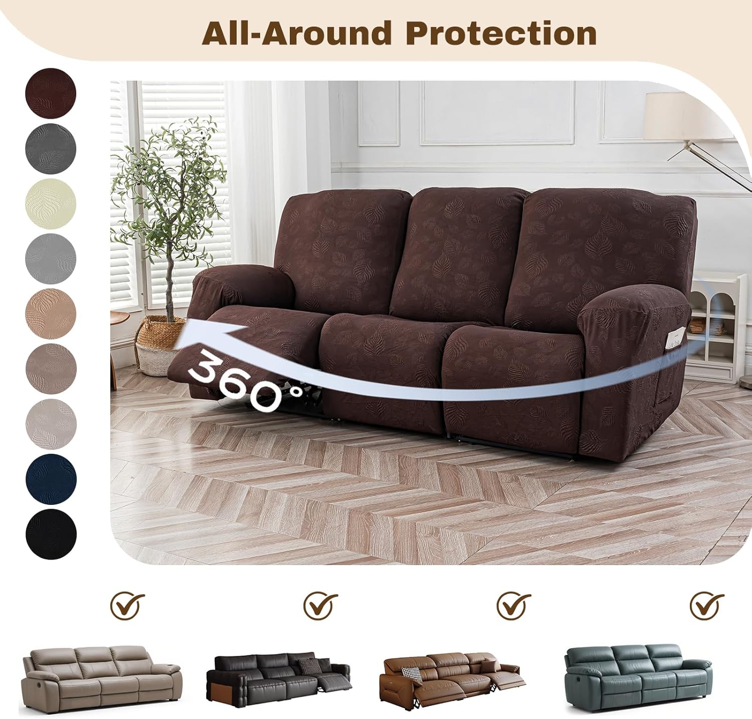 Gennia Recliner Sofa Covers 5 Pieces, Waterproof Sectional Couch Cover Stretch 3 Seat Reclining Couch Cover Soft Sofa Slipcover with Elastic Bottom Furniture Protector for Kis, Pets (Chocolate)