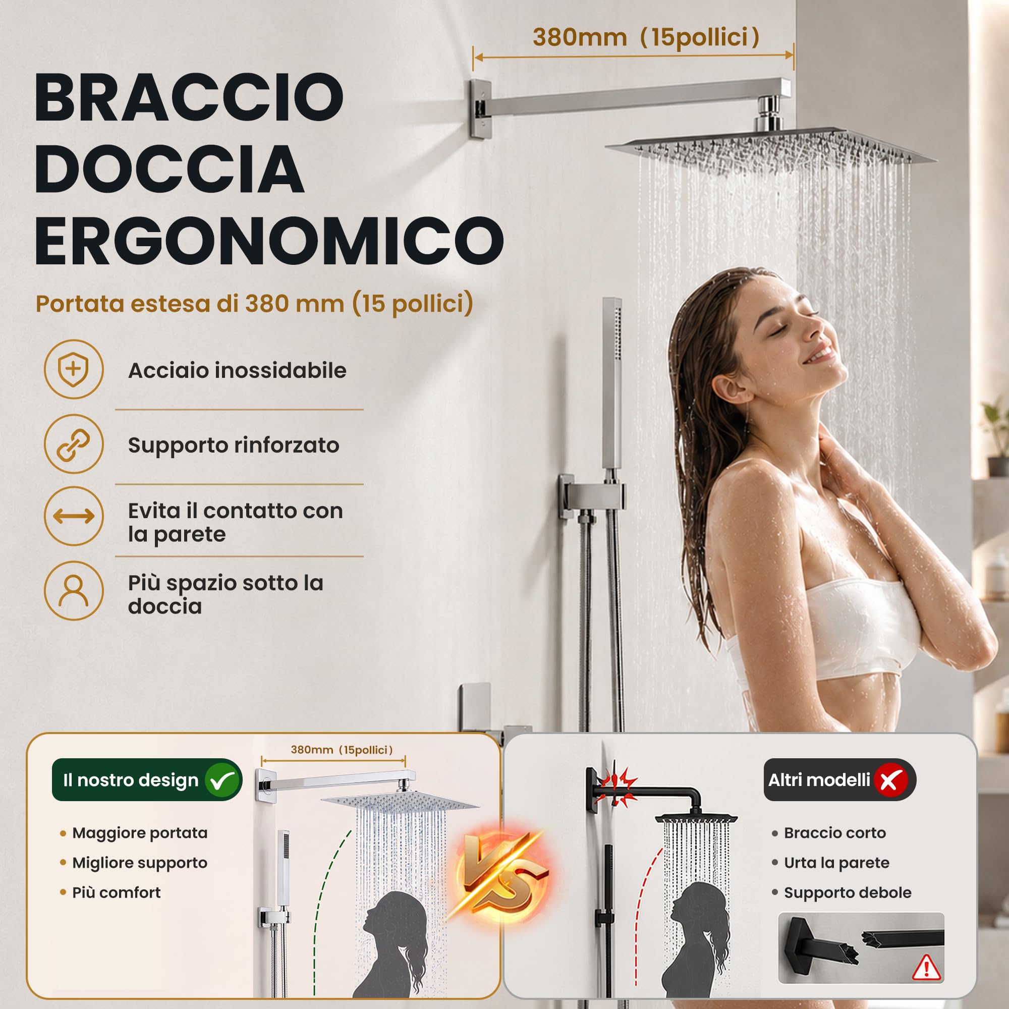 Set Doccia Incasso con Soffione a Pioggia 30 cm, Cromo Lucido | Corpo Valvola in Ottone, Cartuccia di Bilanciamento Della Pressione in Ceramica, Soffione Pioggia e Doccetta in Acciaio Inox