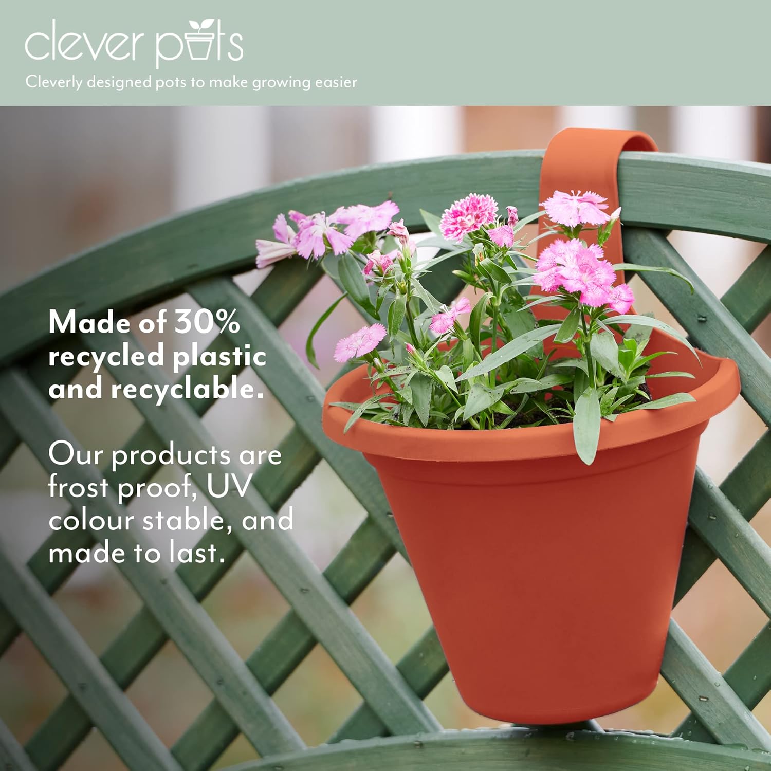 Clever Pots 6X Hanging Plant/Flower Pots Planters, with Self Watering Reservoir, Outdoor Plastic Pot for Garden Fence and Balcony Railing Decoration, Terracotta