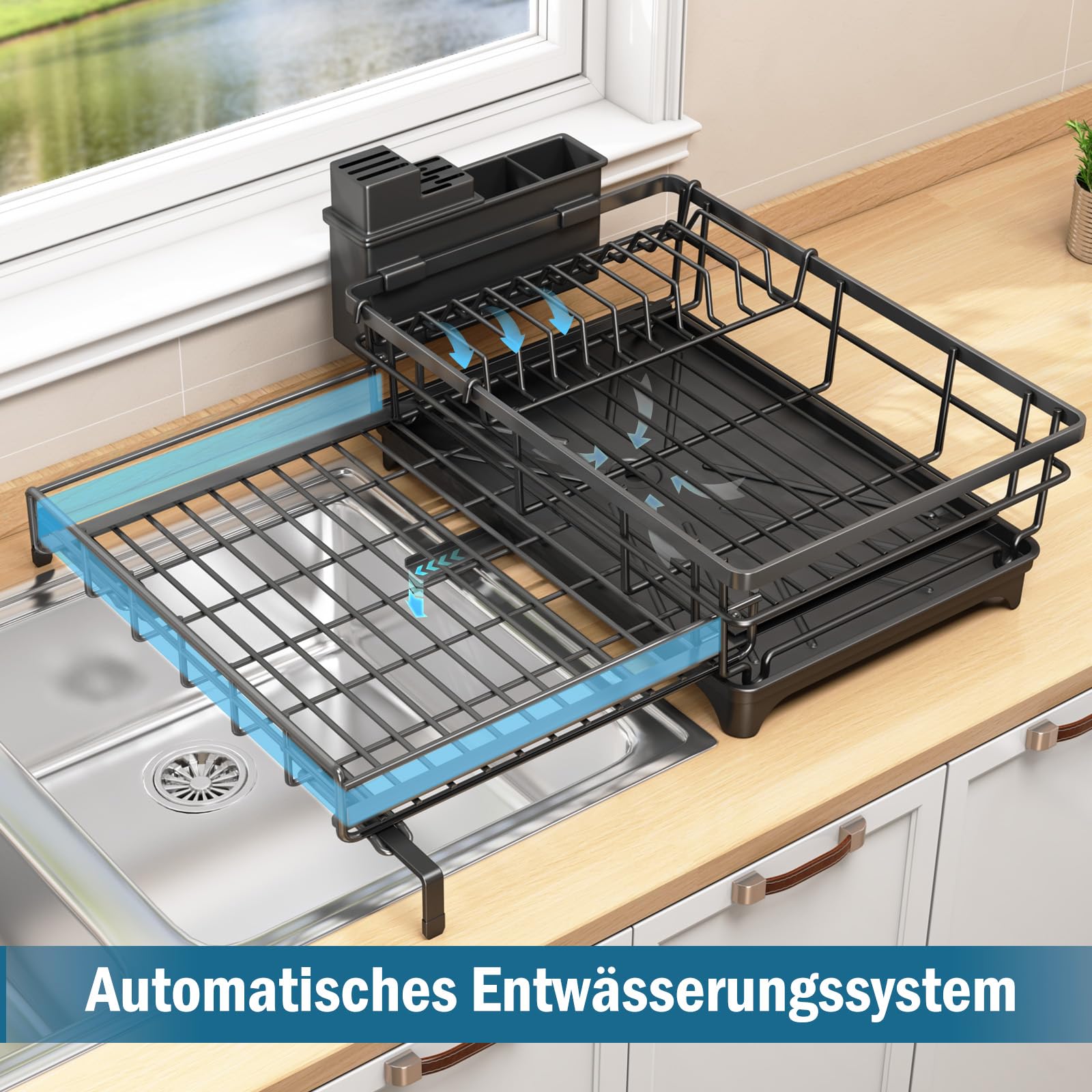 Egouttoir Vaisselle, Extensible Égouttoir à Vaisselle avec Porte-ustensiles, Économisez de l'espace Egoutoire Vaisselle Cuisine et Drainage Automatique, pour Cuisine, Noir