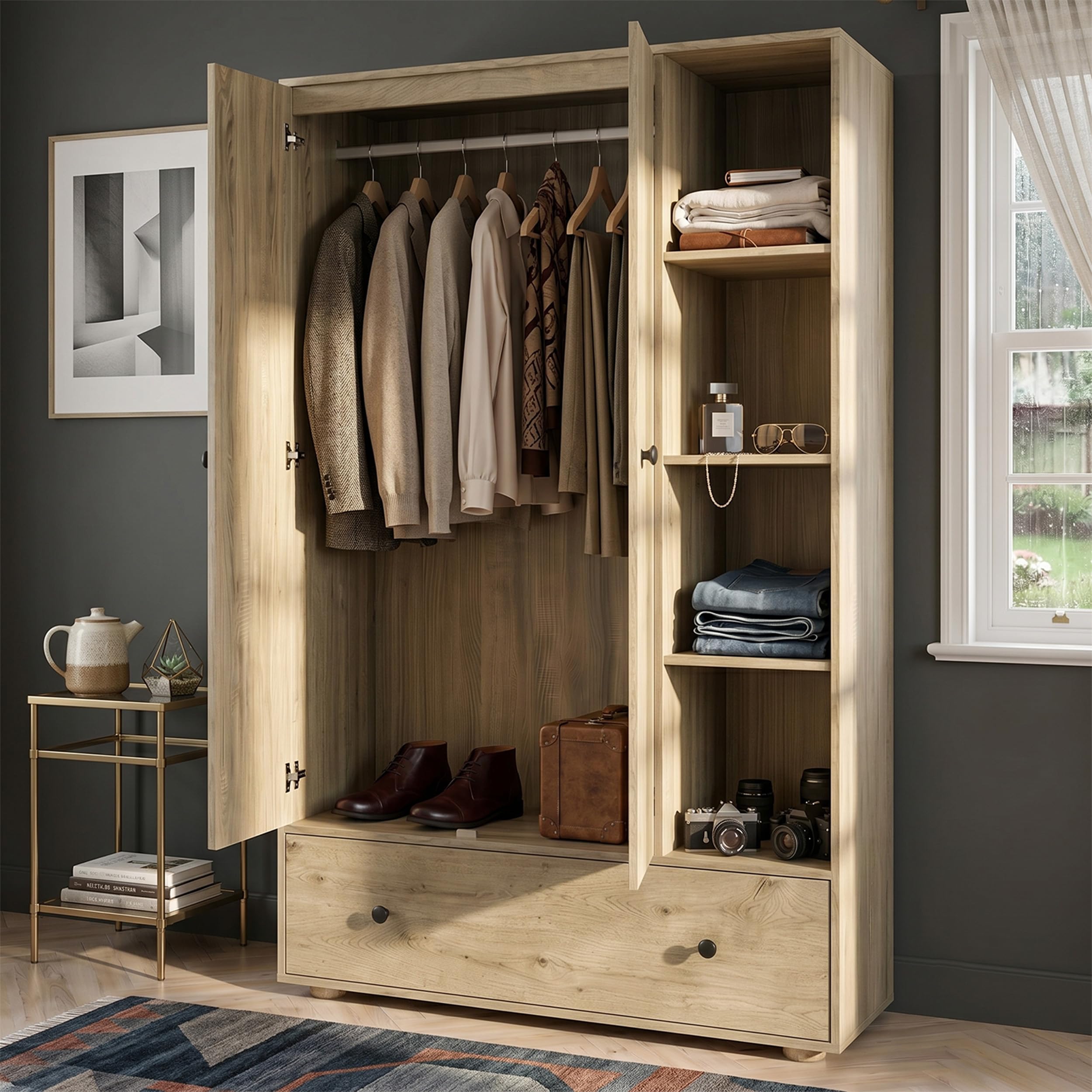 Blisswood 2 Door Bedroom Wardrobe with 4 Open Shelves & Hanging Rail, Modern Oak Wooden Clothes Organiser with Large Drawer, Double Storage Cupboard Unit, Freestanding Wardrobe Closet Unit for Bedroom