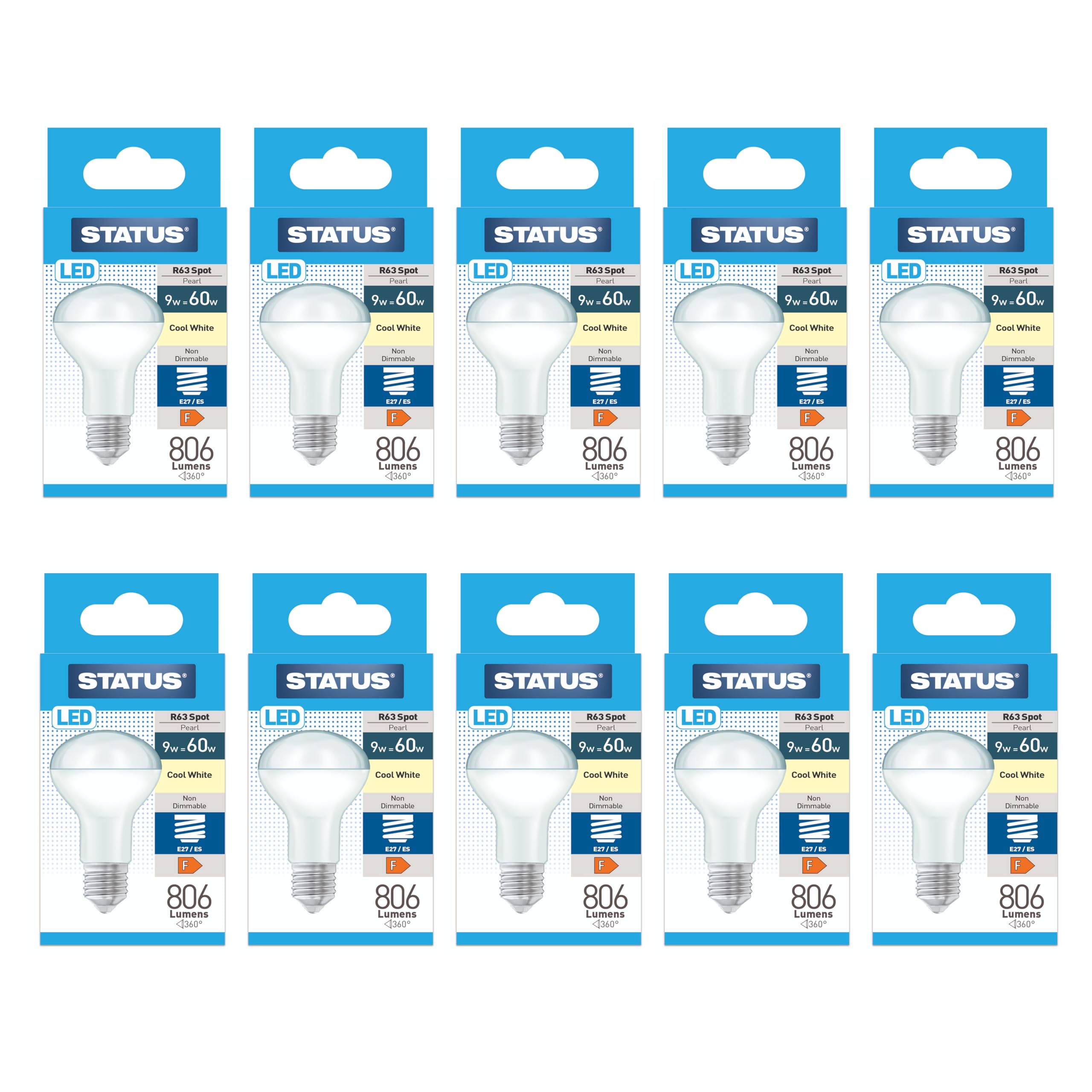 Status 9w = 60w = 820 lumens R63 Reflector Spot - E27 - CW - 1 pk Box - in White CDU