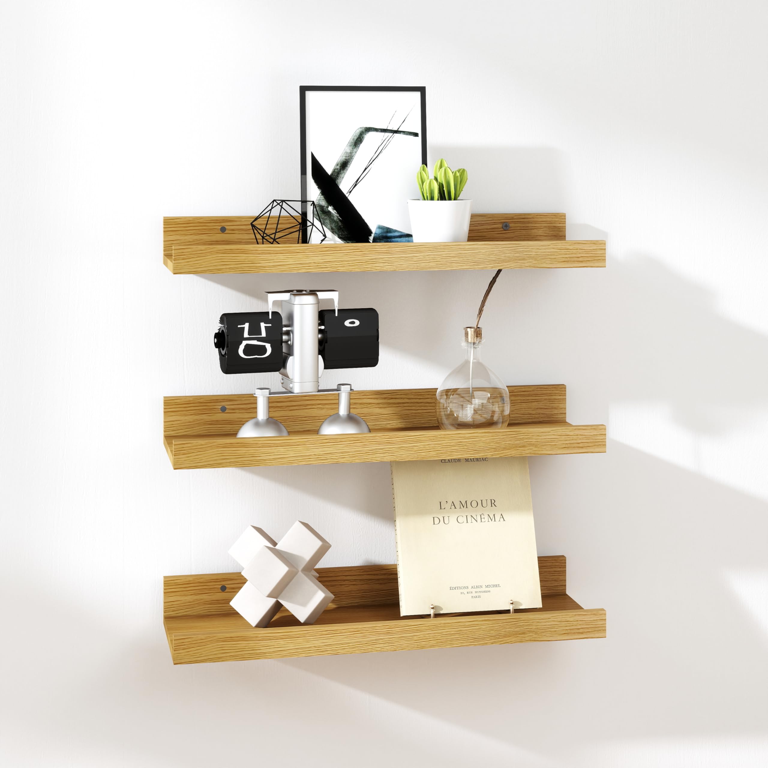 RICHER HOUSE Oak Floating Shelves for Wall with Lip, 60 CM, Wood, 3 Set