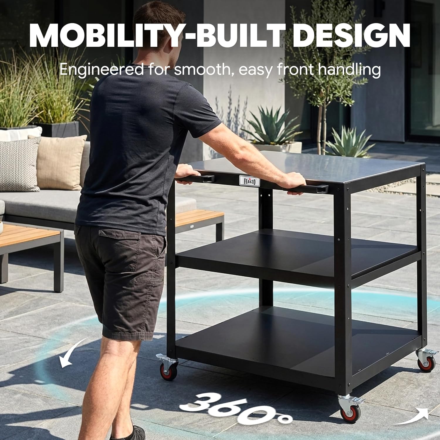 36''x 24'' Large Movable Pizza Oven Table for Outdoor, 304 Stainless Steel Grill Cart with Wheels, 3-Shelf Outdoor Kitchen Prep Table Pizza Oven Stand on Wheels for Pizza Oven& Griddle