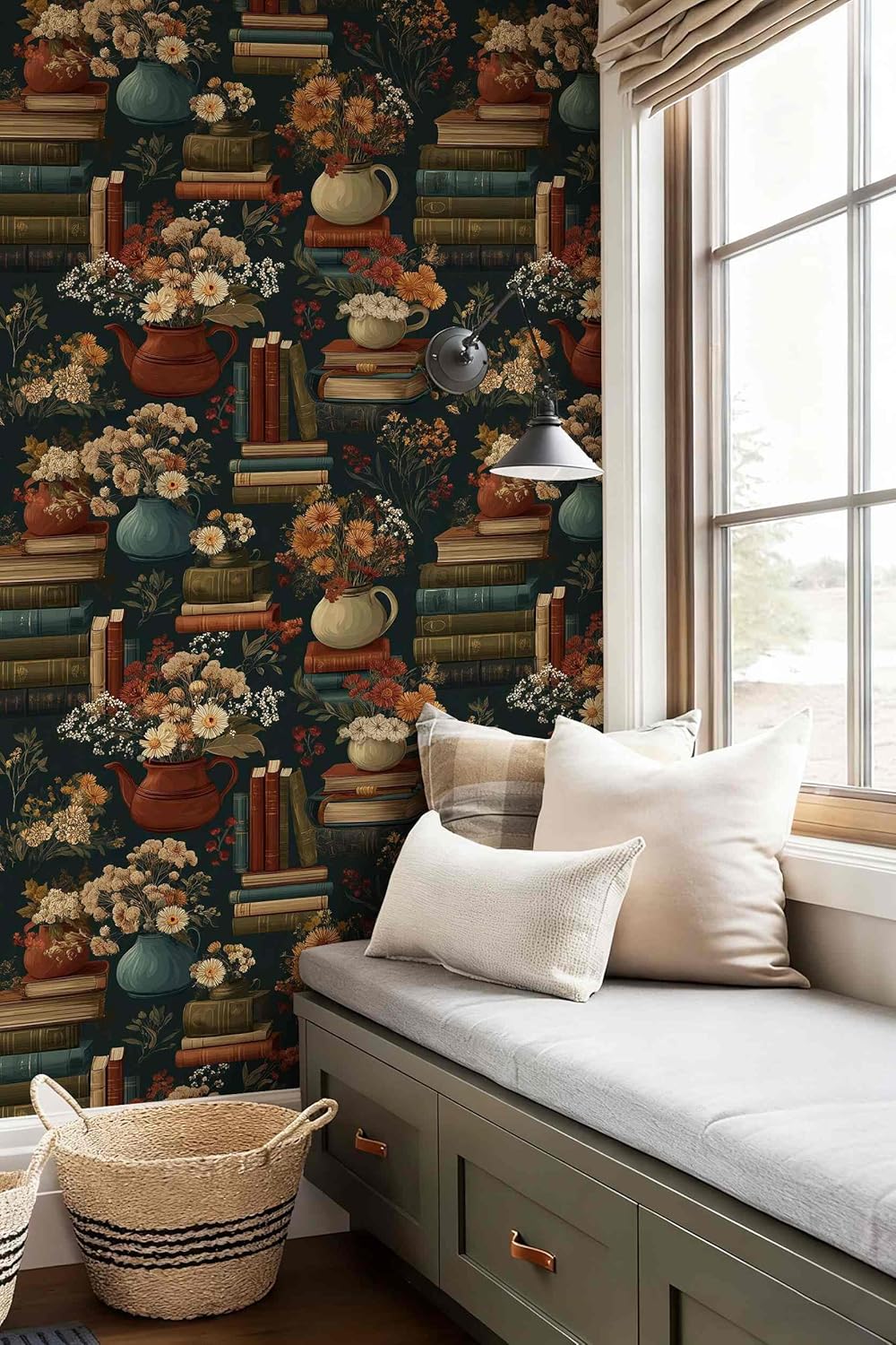 Vintage Book & Floral Peel and Stick Wallpaper, Rustic Library Pattern Wallpaper (Red Black Gray) for Home Decor Renter Friendly | 17.7" x 118", Self-Adhesive, Waterproof Vinyl