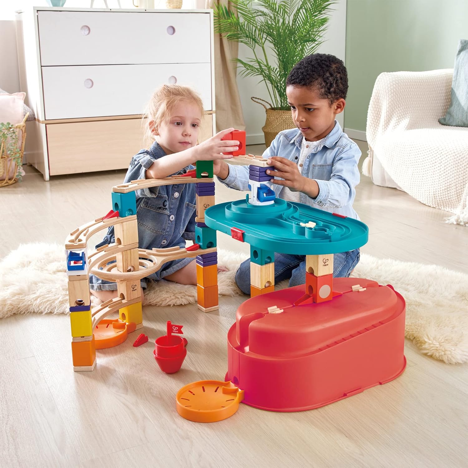 Hape 90 Piece Quadrilla Stack Track Bucket Box Marble Race Building Set for Children Ages 4 and Up with 25 Marbles for STEAM Learning