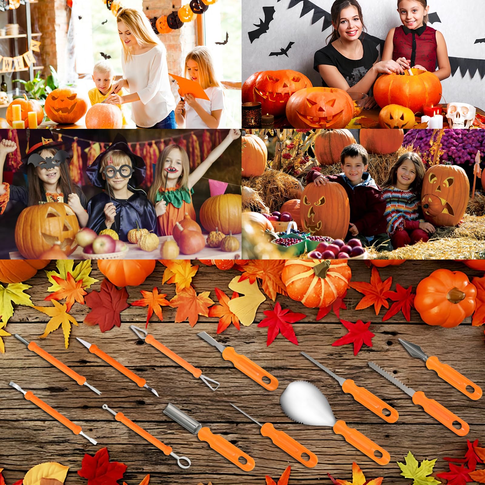 Kit de Calabaza Tallado de Halloween,Juego de Tallado de Calabaza de Halloween,Herramientas para Tallar Calabazas con Bolsa de Almacenamiento y 6 Plantilla de Grabado para Adultos Inoxidable