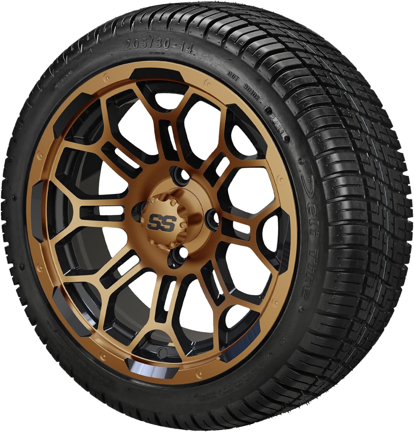 RM Cart 14" Hercules Black/Machined on a 205/30-14 Deli Low Profile Tires (Set of 4) | Golf Cart Tiress and Wheels Combo with Metric Lug Nuts