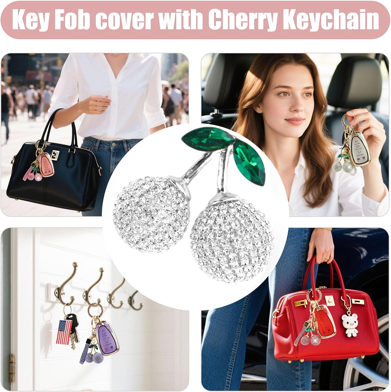 Sparkly Key Fob Cover with Cherry Keychain, Bling TPU Smart Key Case for Women, Compatible with Honda Accord Civic Pilot,Passport,Insight JED Crider Spirior Odyssey (5-Button, Silver) image 5