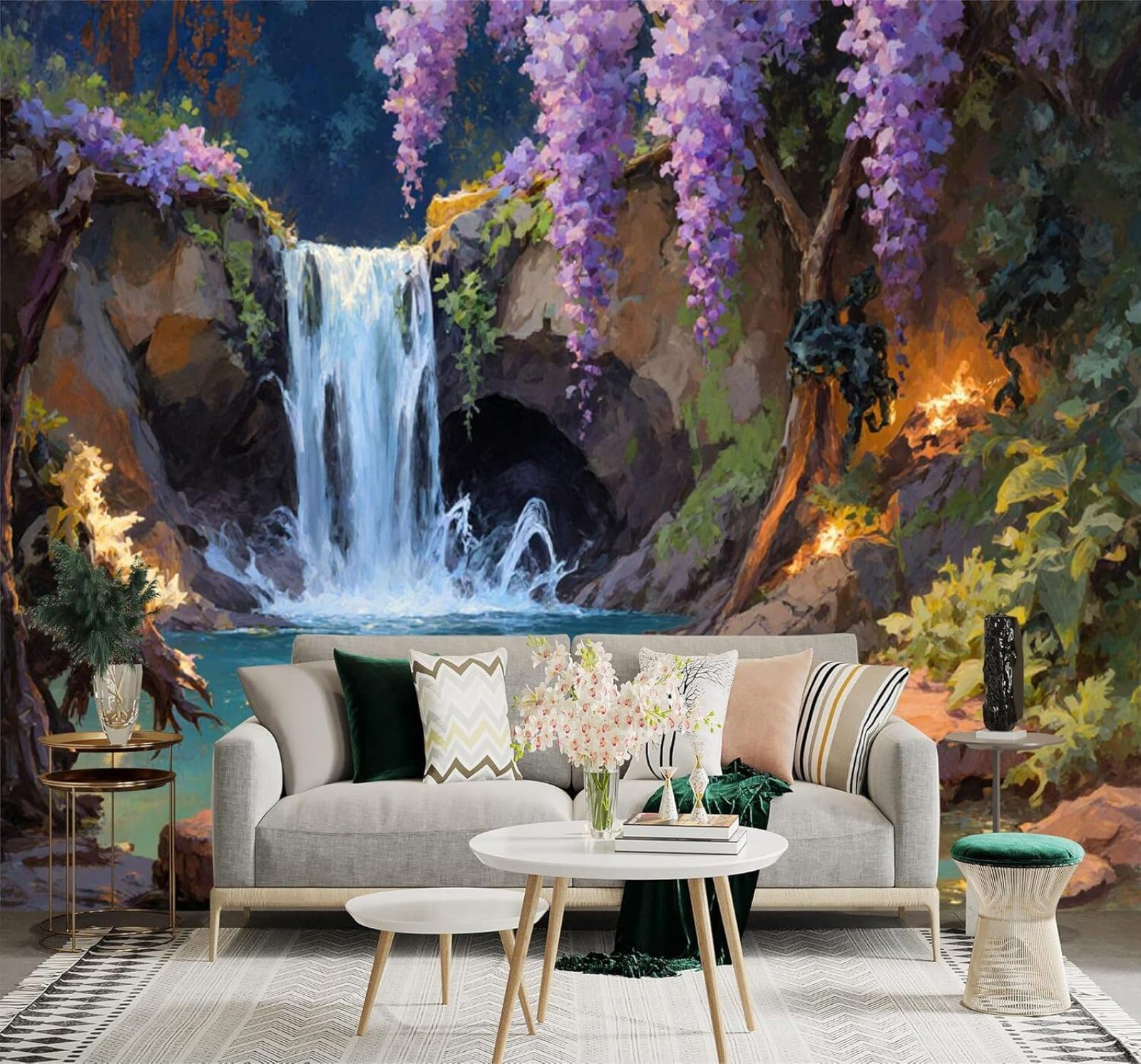 Tzxztt Purple Flowers Waterfall Forest Stream Twinkling Lights Modern 3D Wallpaper Premium Textured Silk Neutral Tones Material Ideal for Living Room Bedroom-300cm×210cm