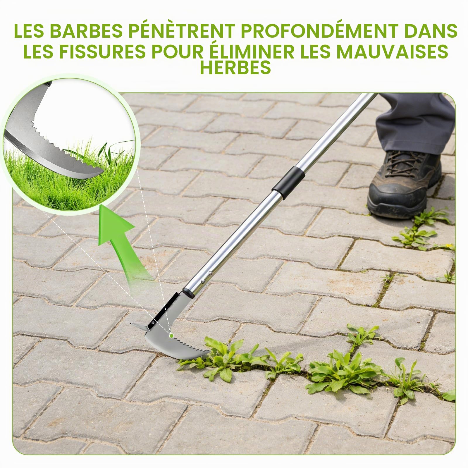 Couteau désherbeur Manuel – Désherbeur pour Pavés et Terrasses, Manche Réglable 145cm avec Lame Dentelée en L et Brosse, Pour cour, pelouse, terrasse, jardin, désherbeur Ergonomique