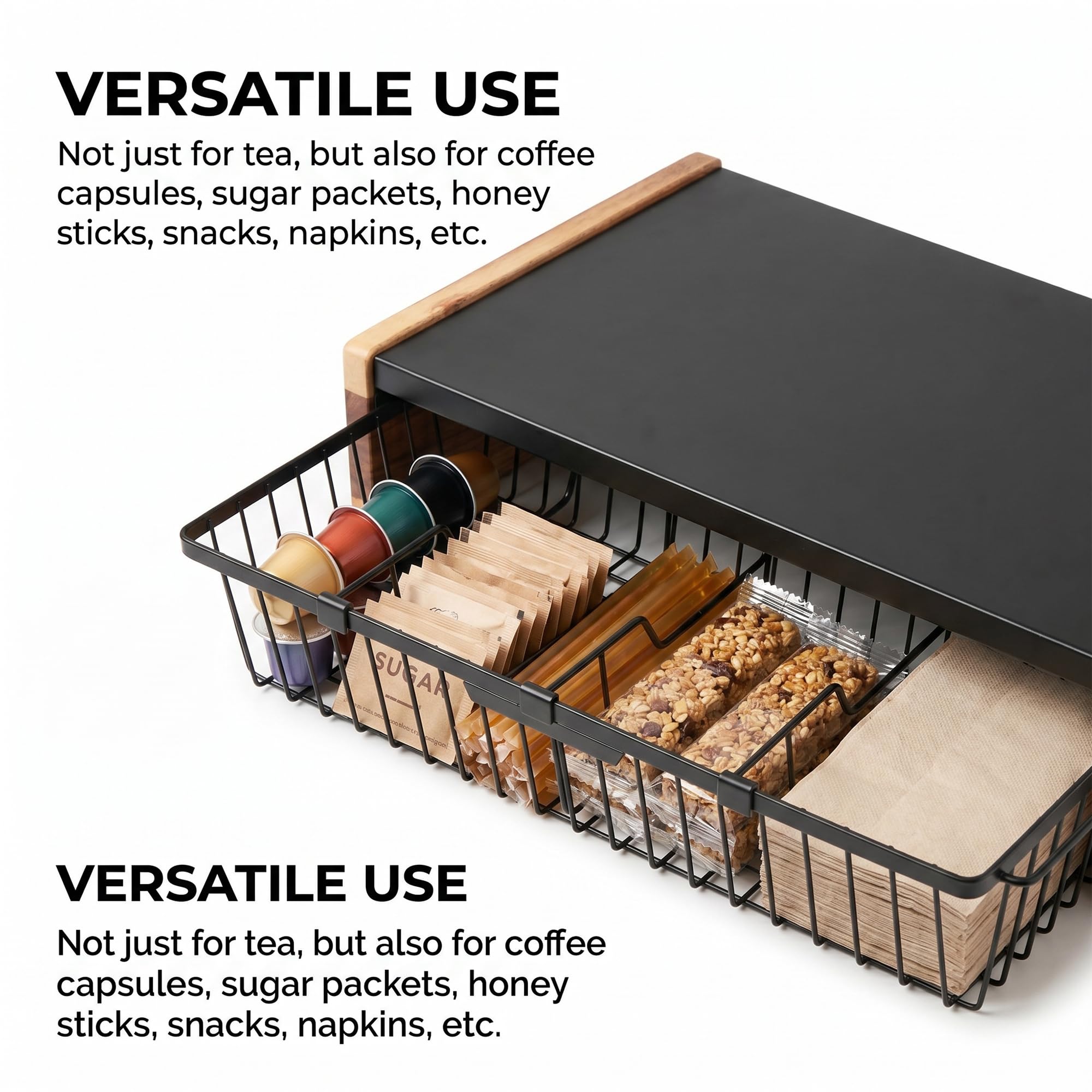 WILDMOS Organiseur de sachets de thé, panier métallique pour comptoir de thé, boîte de présentation pour comptoir de cuisine.