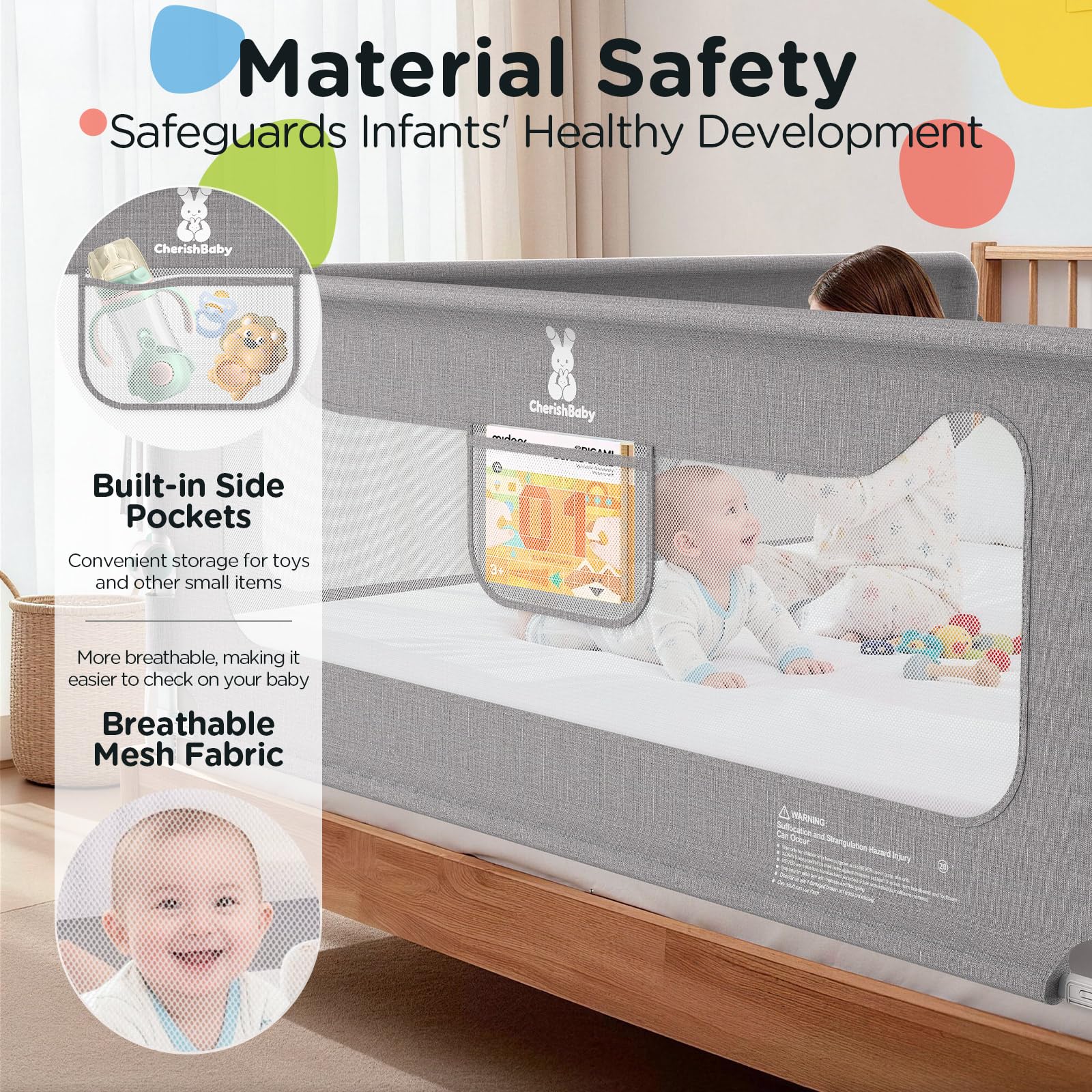 Huracan Barriera per letto Pieghevole 150 cm, protezione anticaduta per letto, protezione anticaduta regolabile in altezza in 14 posizioni, barriera stabile per lettini, letto dei genitori e lettino