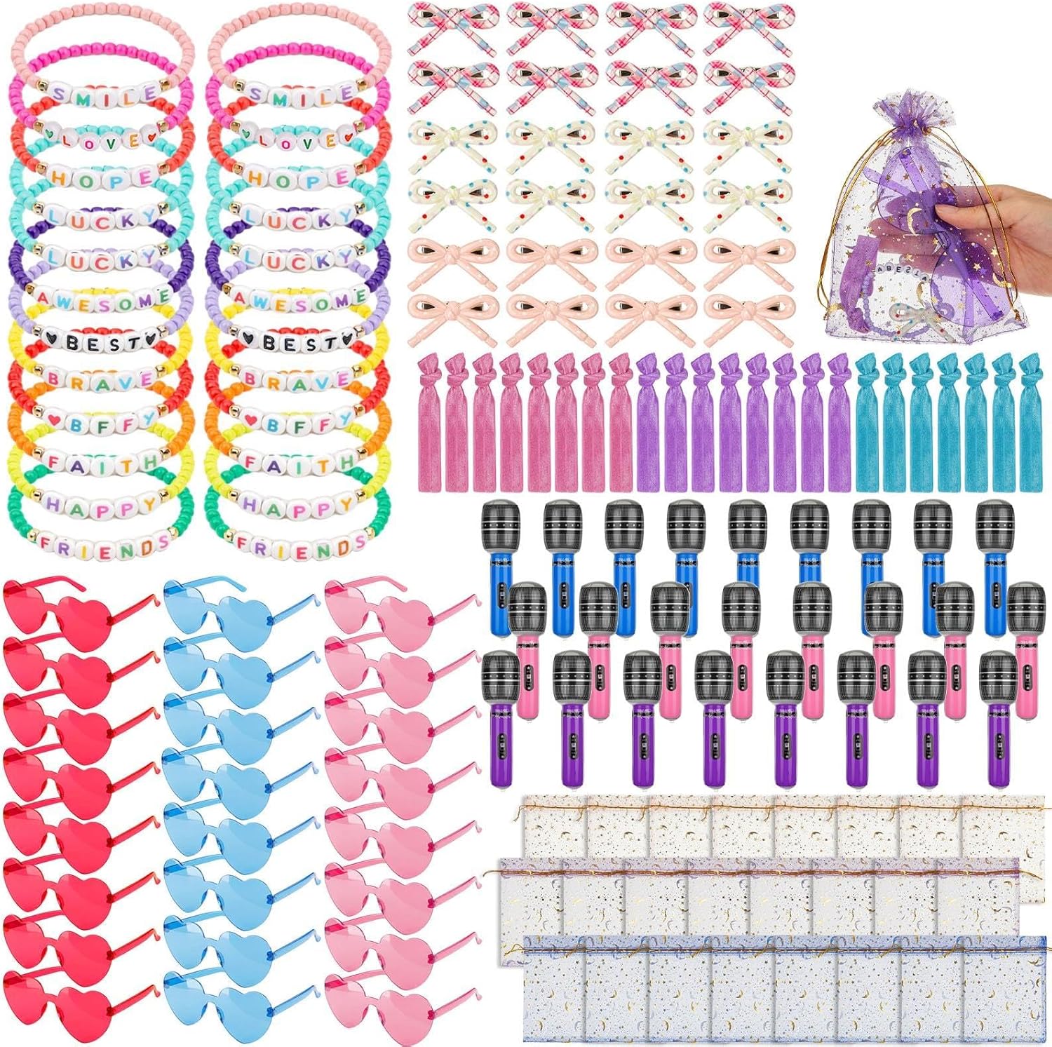 Zhengmy 144 Pcs Korean Wave Disco Party Favors Popular Singer Friendship Gift Set Bracelets Sunglasses Inflatable Microphones Hair Ties Clips Organza Bags for 80s Y2k Fans Women Birthday Decor