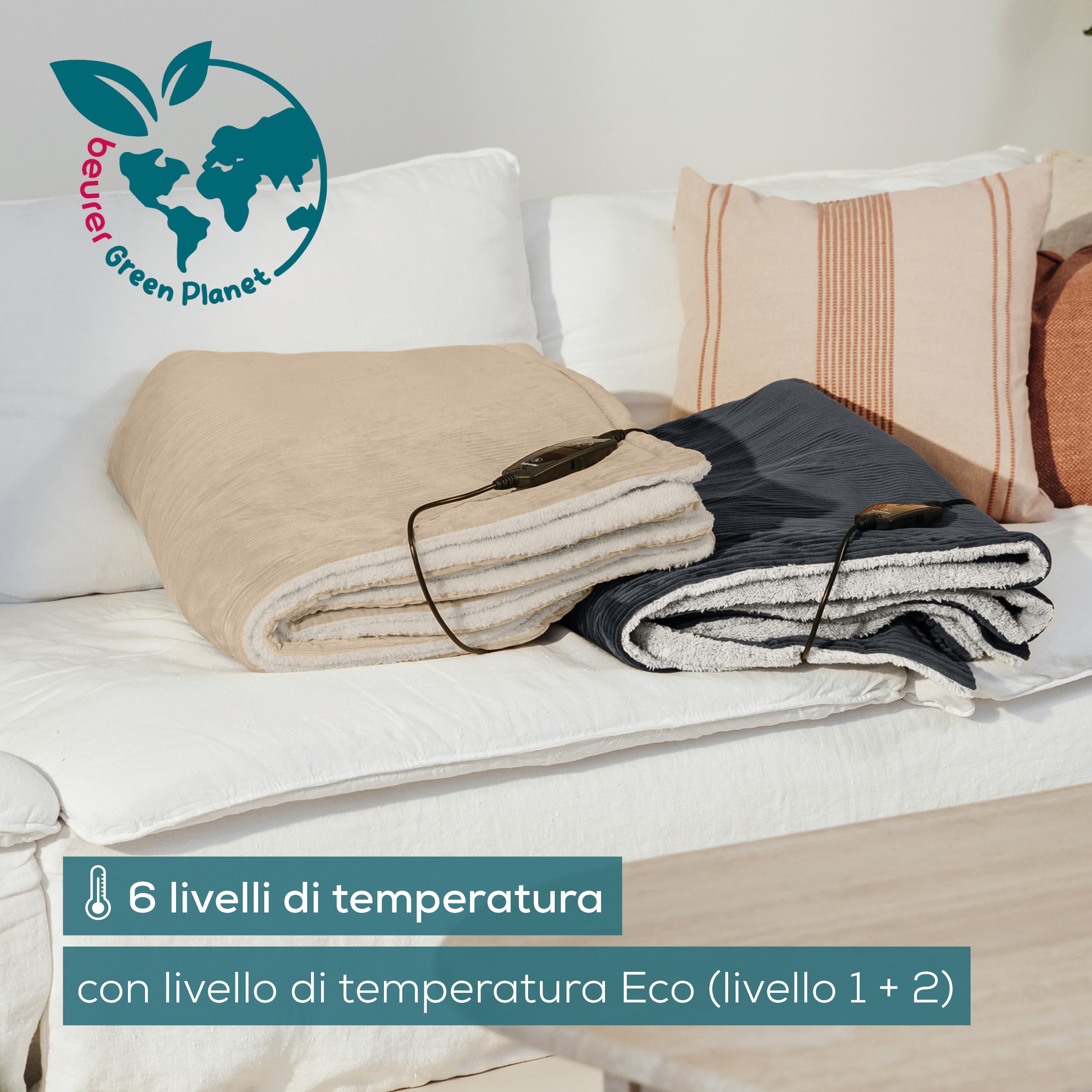 Beurer Scaldaletto UB 60 Green Planet, Coprimaterasso Termico Eco In Materiale Riciclato, 4 Livelli Con Modalità ECO E Spegnimento Automatico - 2