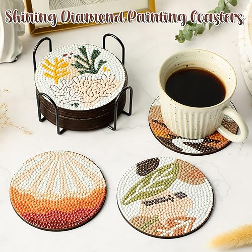 Miniatura 6 de Gejoy 12 posavasos de pintura de diamantes con soporte, kit de pintura abstracta de diamantes para bricolaje, posavasos de arte de diamantes para