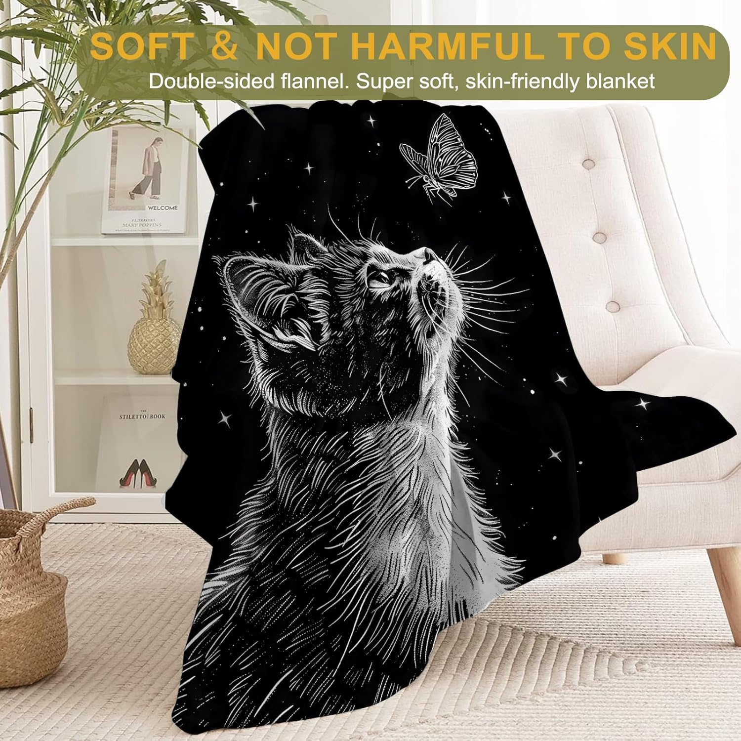Mystic Cat and Butterfly Fleece Blanket,Cute Kitten and Star Night Blankets,Soft and Warm Decorative Throws for Sofa,Travel,Lightweight Throw Gifts for Art Fans Pet Lovers Kids Adults 50”x60”