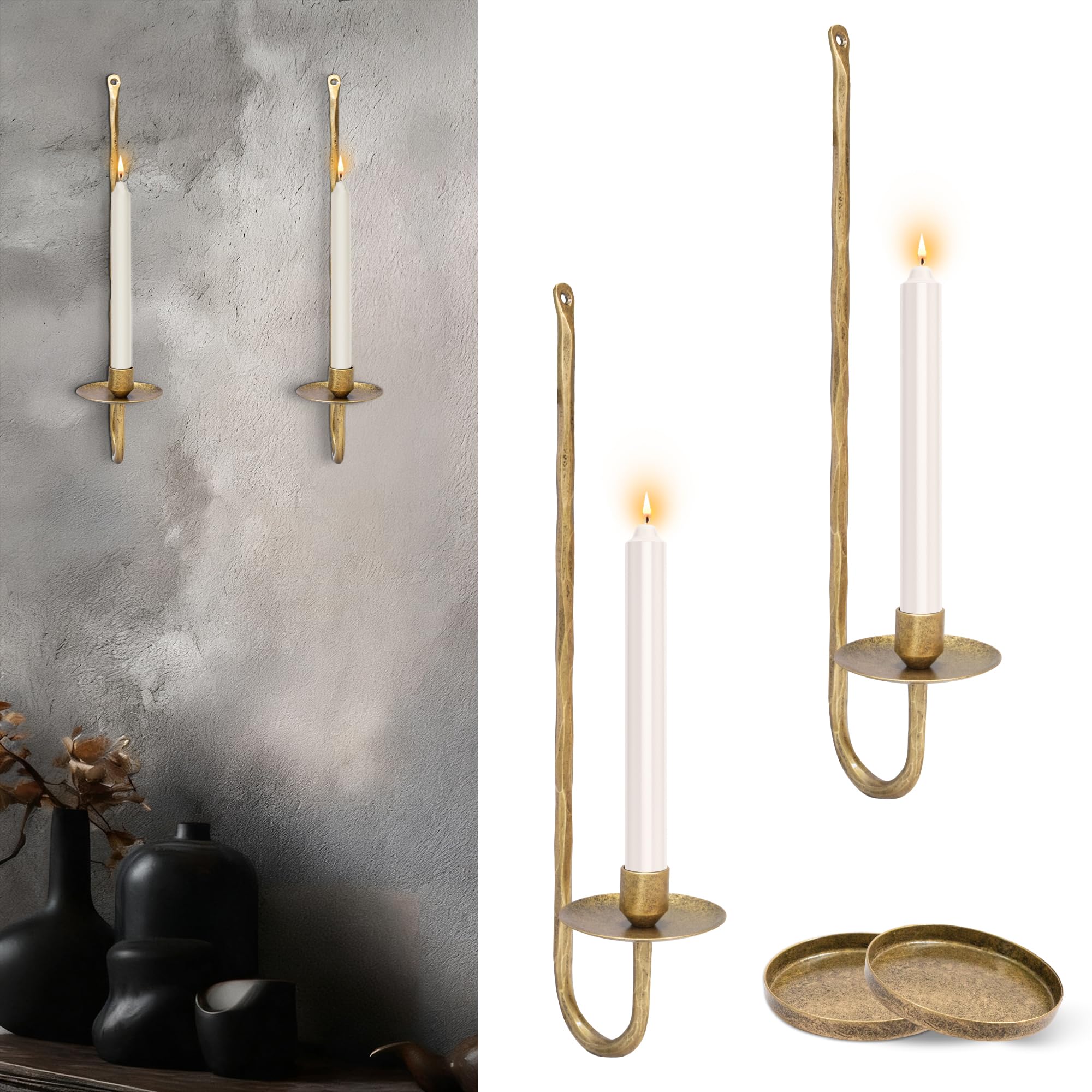 Hand-Forged Vintage Gold Solid Steel Wall Candle Sconces Set of 2