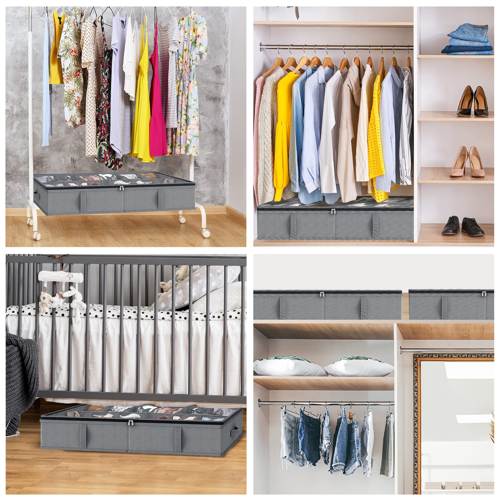 Fixwal Under Bed Shoe Storage Organizer Set of 3, Sturdy Shoe Boxes Storage with Adjustable Dividers Reinforced Handles Clear Window For Shoes Clothes Boots Toys Fits 30 Pairs, Breathable, Gray