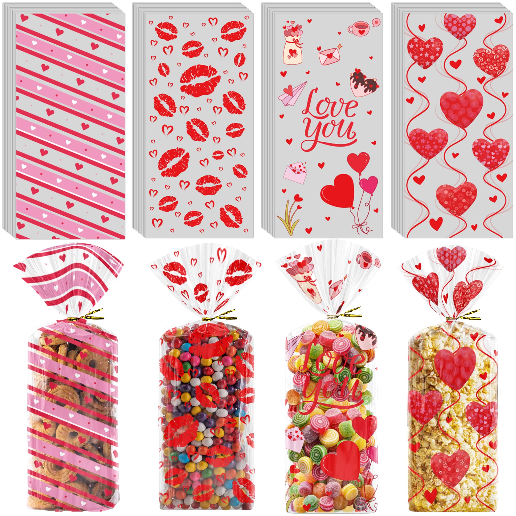 Valentines Gift Bags - 120 PCS Heart Kiss Cellophane Candy Treat Goodie Bags for Kids | Snack Cookie Stocking Stuffers Gift Basket -Valentines Day Birthday Party Favors Decorations Supplies Decor