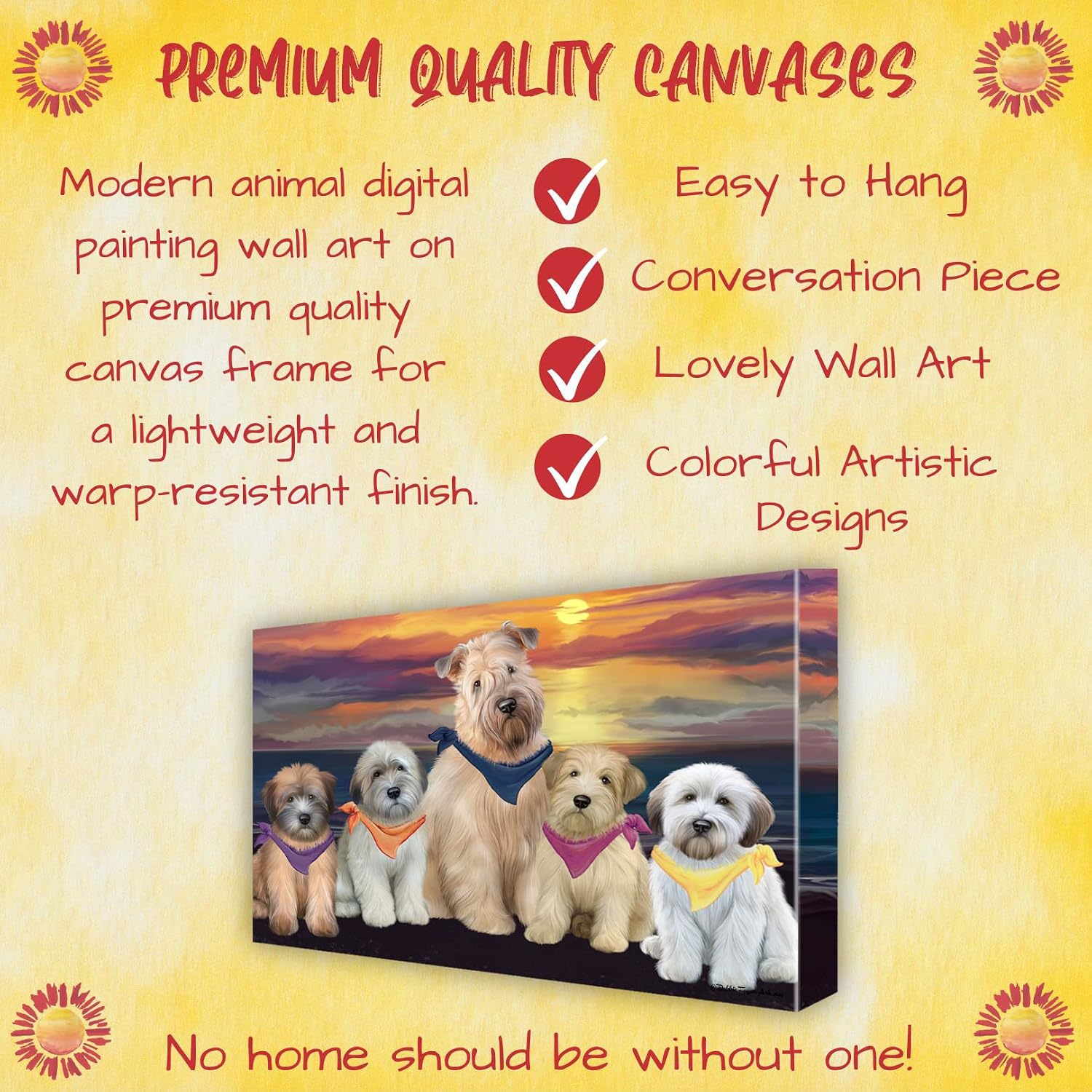 Family Sunset with Wheaten Terrier Dogs Canvas Wall Art - Premium Quality Ready to Hang Room Decor - White Floating Framed 16" x 16"