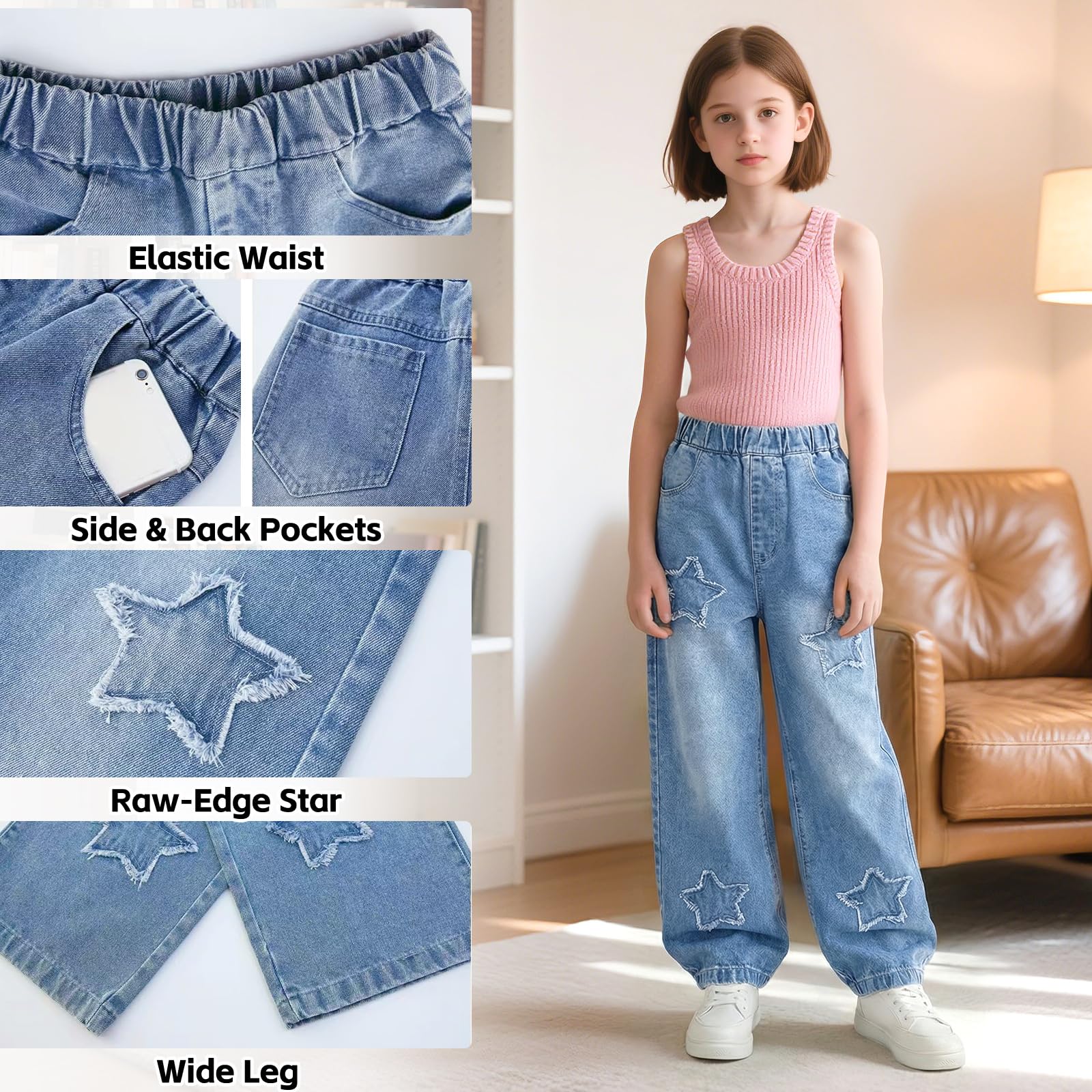 Vaqueros Baggy Jeans para Niñas Holgados Denim Pantalones con Cintura Elástica y Bolsillos Largos Stretch Azul Denim Jeans Moda Casual Pierna Ancha Streetwear Pants para Infantil 7-15 Años