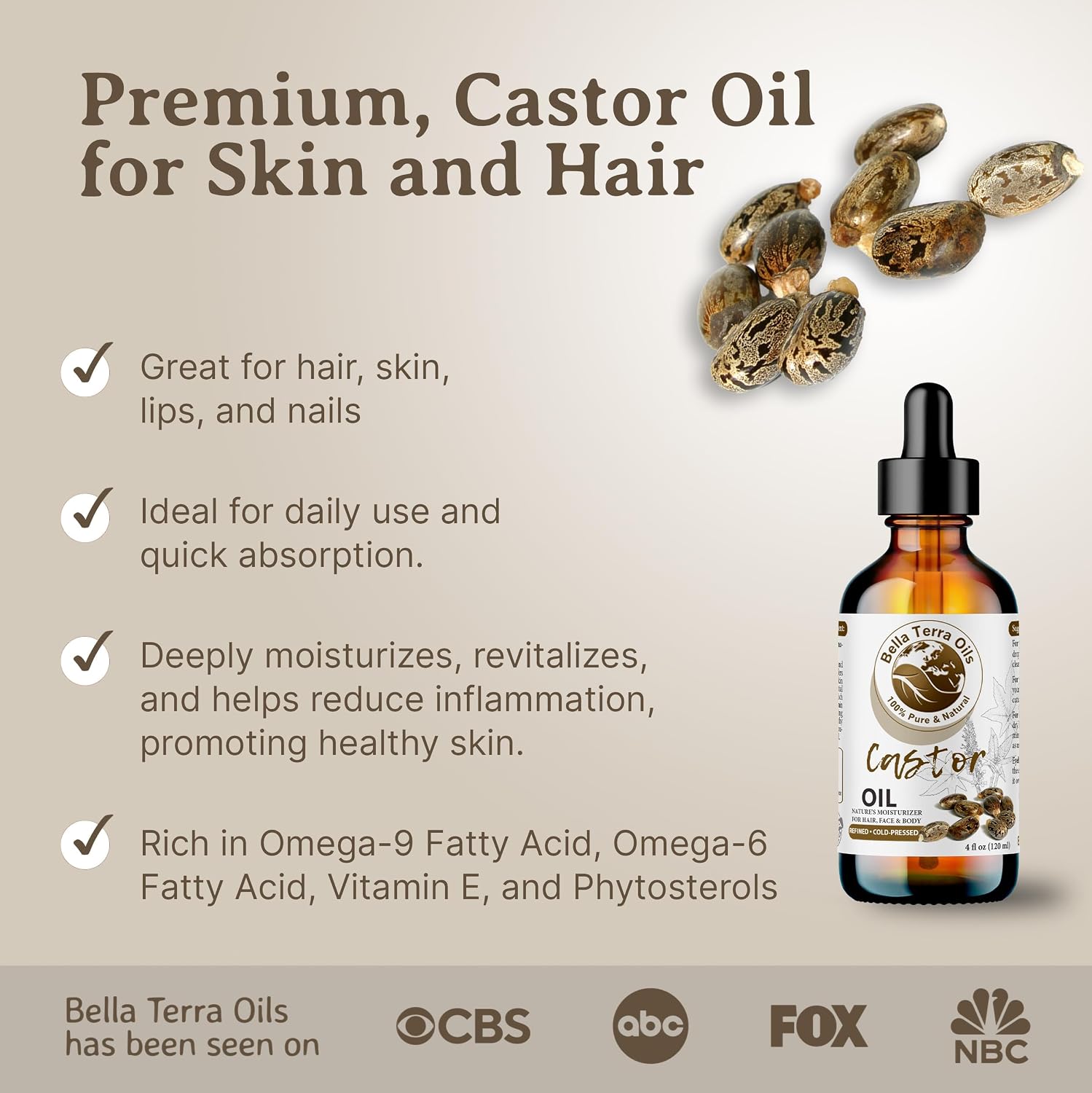 Bella Terra Oils - Natural Castor Oil 4oz Glass Bottle - Luxuriate with Cold-Pressed Natural Castor Goodness, Overflowing with Palmitic Acid, Perfect Skin Partner image 3