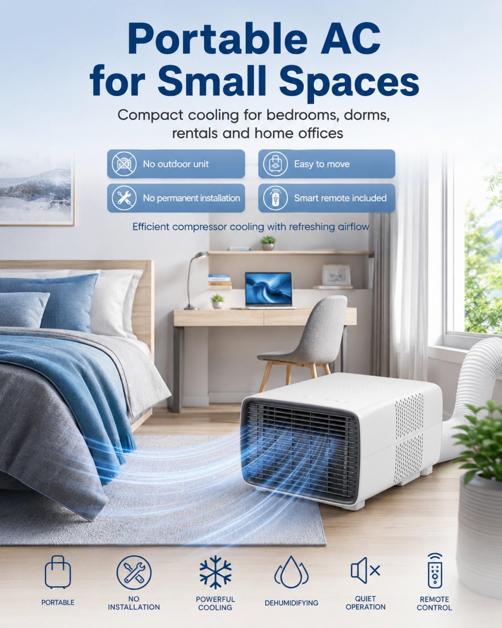 Mobile Klimaanlage für Schlafzimmer und Büro, 900W Kühlleistung, 280W Eingangsleistung, 45 dB Leise, 1-12H Timer, Digitalanzeige, Fernbedienung, Kühlen Trocknen Lüften