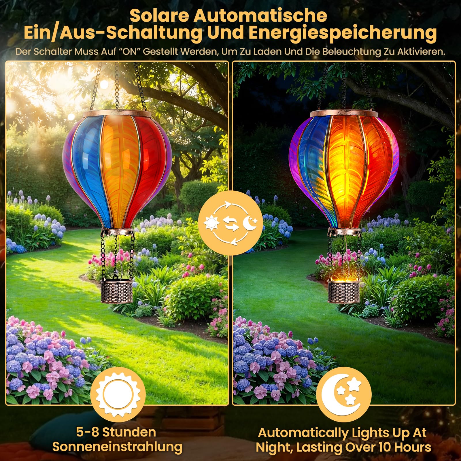 JONRRYIN 2er Solar Heißluftballon, Extra Groß 46,5x13,8 cm Solarlaterne für Außen, Heißluftballon Deko, Windlicht mit Flammeneffekt für Garten, Terrasse, Balkon & Rasen, Metall & Kunststoff (Solar)