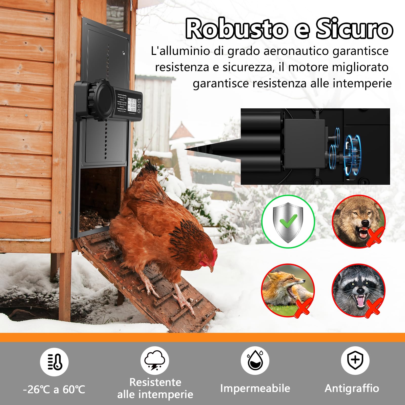 CHAMUTY Porta Automatica per Pollaio con Display, Porta Automatica Pollaio Alluminio, Timer di Ritardata Serale e Mattutina, Porta Pollaio Automatica, Nero