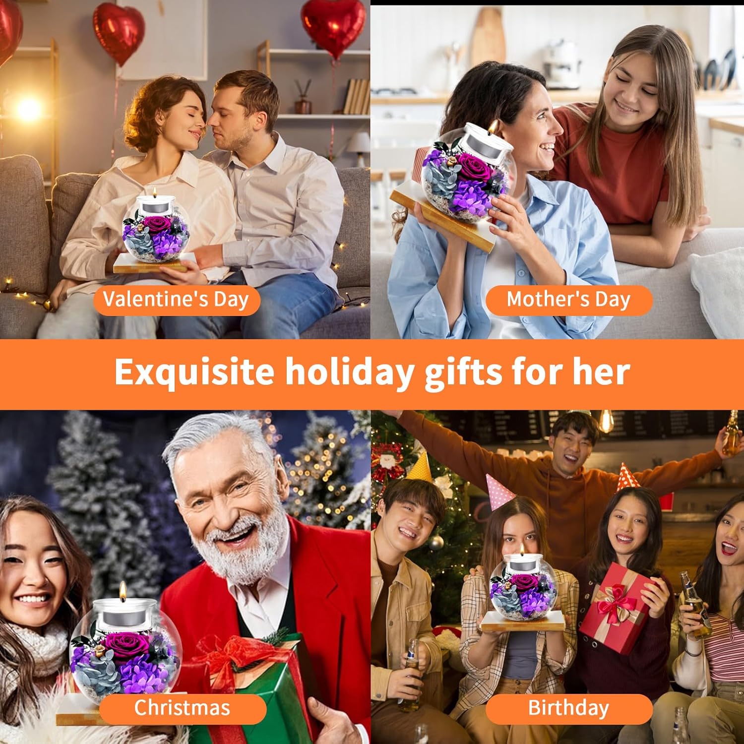 Mothers Day Flowers Roses Gifts for Her, Flowers for Delivery, Preserved Flower in Glass Dome with Scented Candle Gift for Women Wife Girlfriend on Christmas Valentines Day Birthday (Purple)