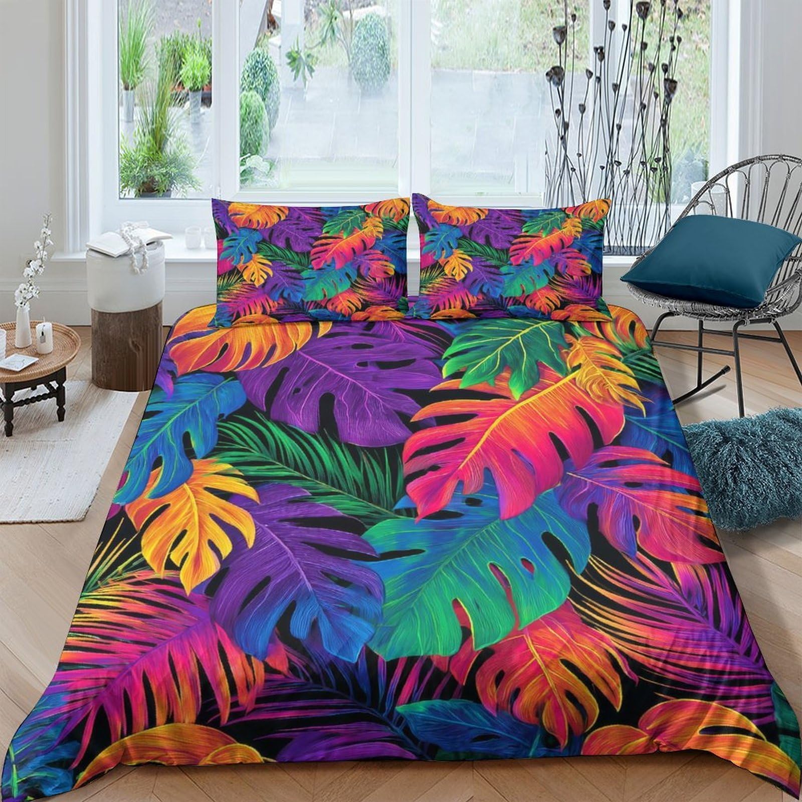 Ctjqhvkz Style-5 3D Printed Tropical Leaf Fitted Sheet Microfiber Soft Multicolor Jungle Bed Cover For Bedroom Guestroom Decor Single（135X200cm）