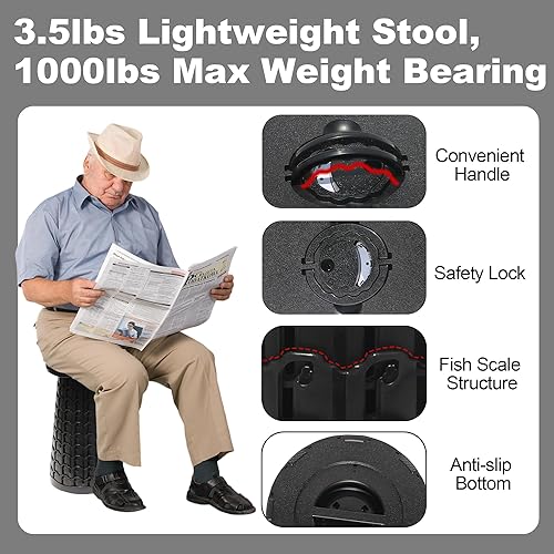 Miniatura 3 de ALEVMOOM Taburete plegable mejorado de 19.7 pulgadas + cojín de 1.38 pulgadas más grueso, taburete telescópico portátil plegable para adultos, peso