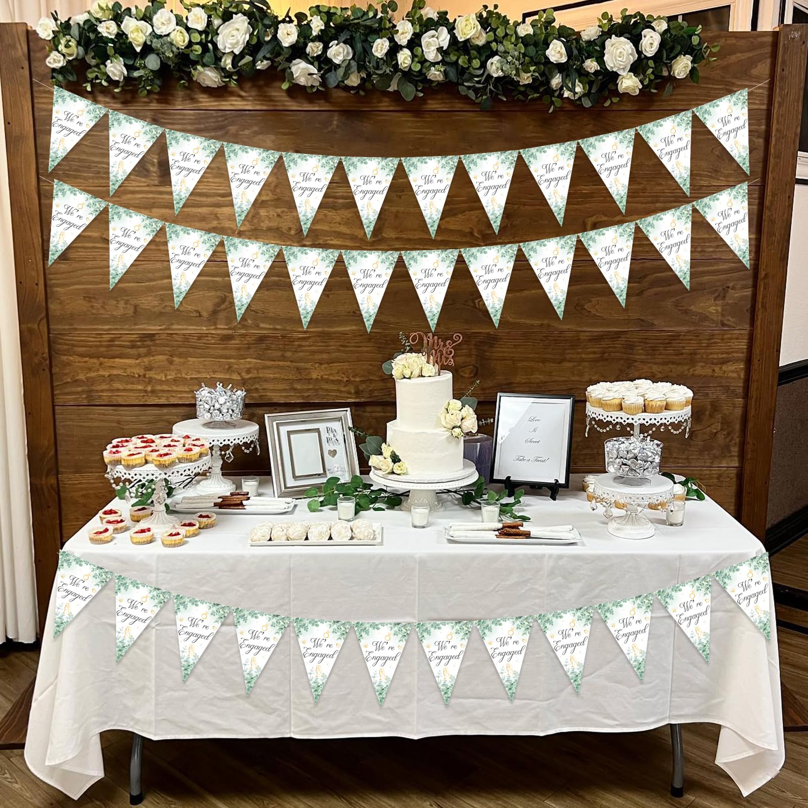 Sursurprise Engagement Banner Party Decorations Sage Green, We’re Engaged Triangle Flags Banner for Wedding Bride to Be - Image 2